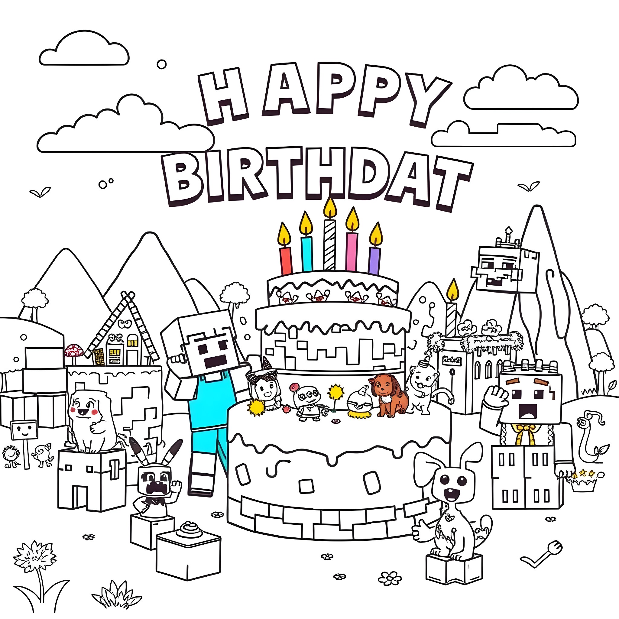 Birthday celebration with cartoon characters and decorated cake Coloring Page (free black-and-white line drawing printable PDF for all, from beginners to advanced learners, including children, teens, adults, and seniors)