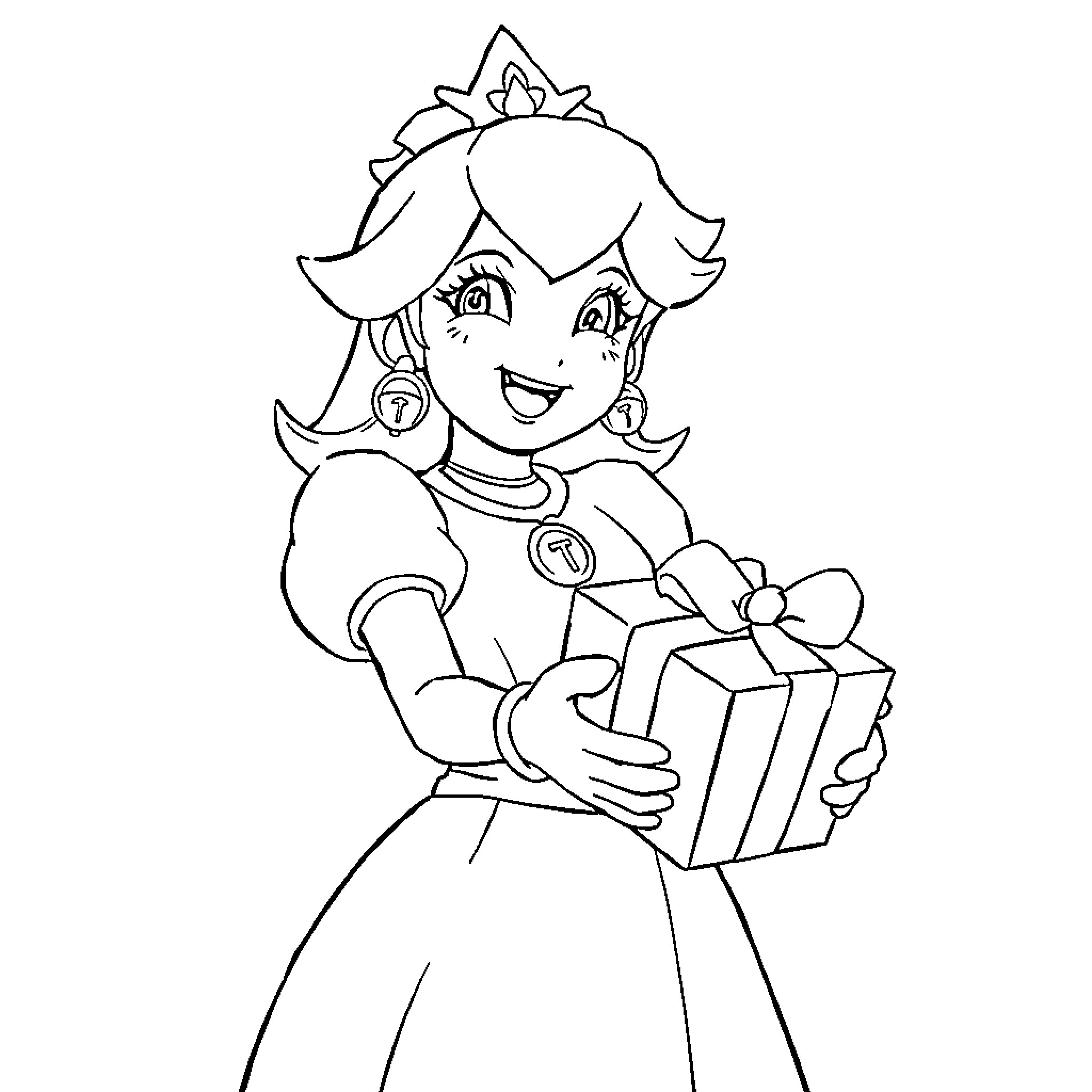 Princess Holding Wrapped Gift with Excitement Coloring Page (free black-and-white line drawing printable PDF for all, from beginners to advanced learners, including children, teens, adults, and seniors)