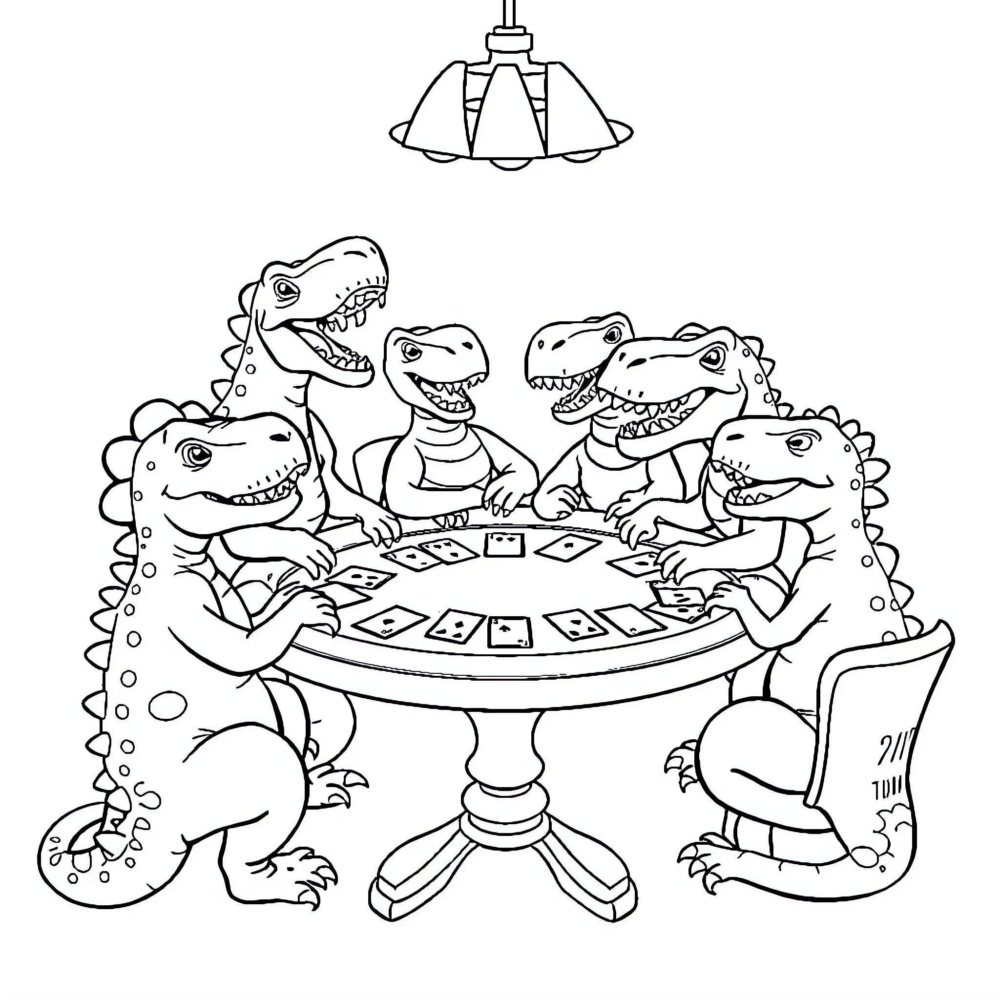 Dinosaurs playing cards under a lamp Coloring Page (free black-and-white line drawing printable PDF for all, from beginners to advanced learners, including children, teens, adults, and seniors)