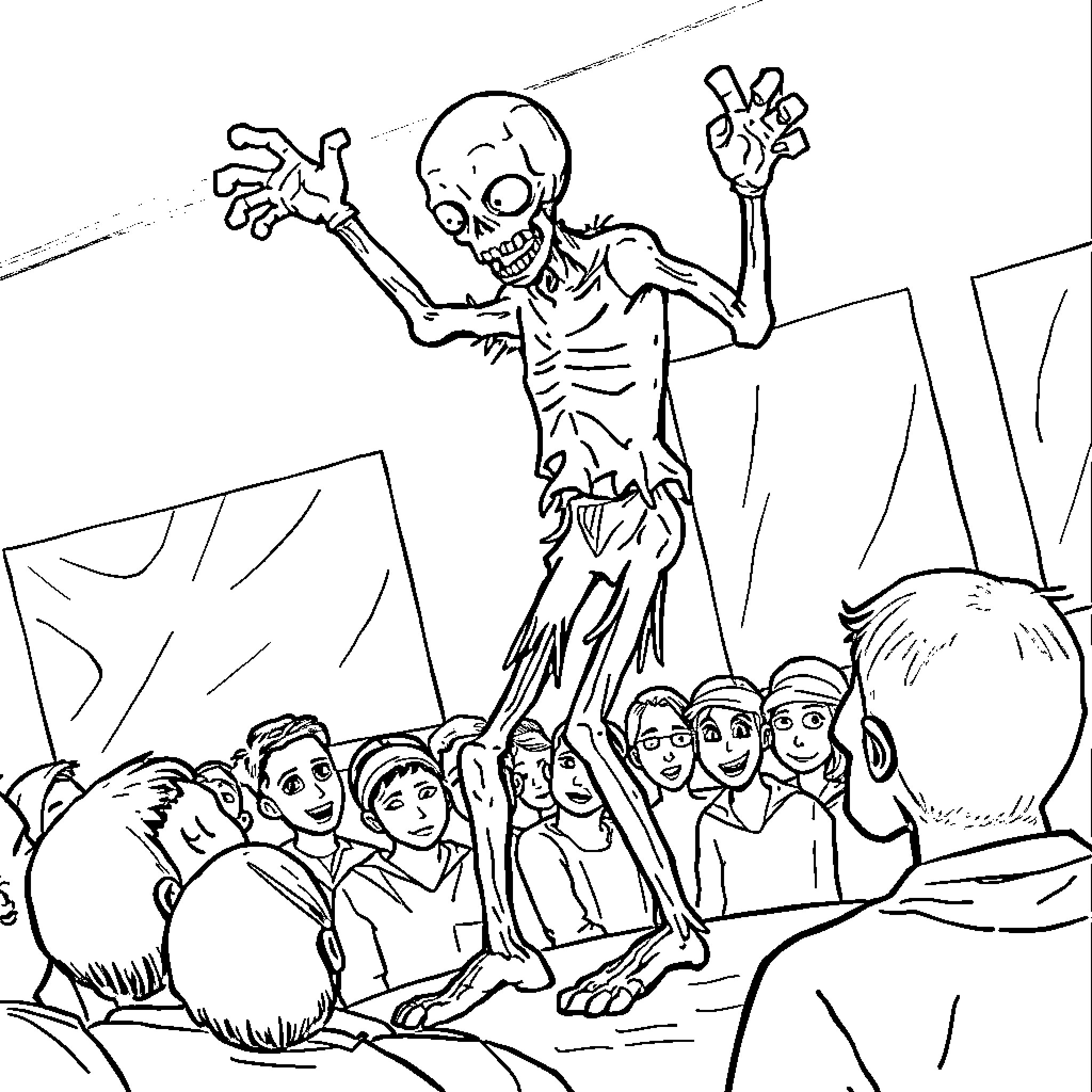 Zombie Crowd Entertained by Skeleton Performer Coloring Page (free black-and-white line drawing printable PDF for all, from beginners to advanced learners, including children, teens, adults, and seniors)