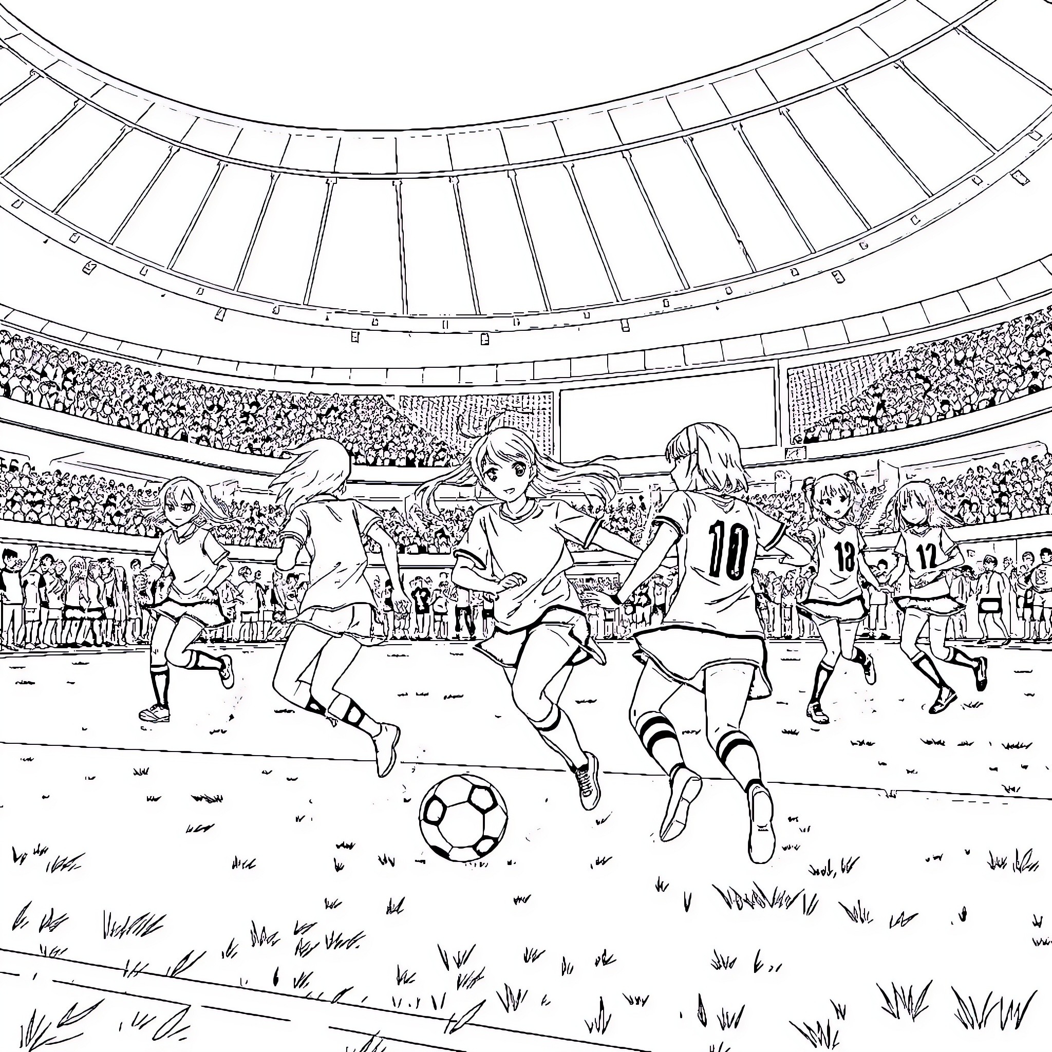 Anime Girls Playing Football in Stadium Coloring Page (free black-and-white line drawing printable PDF for all, from beginners to advanced learners, including children, teens, adults, and seniors)