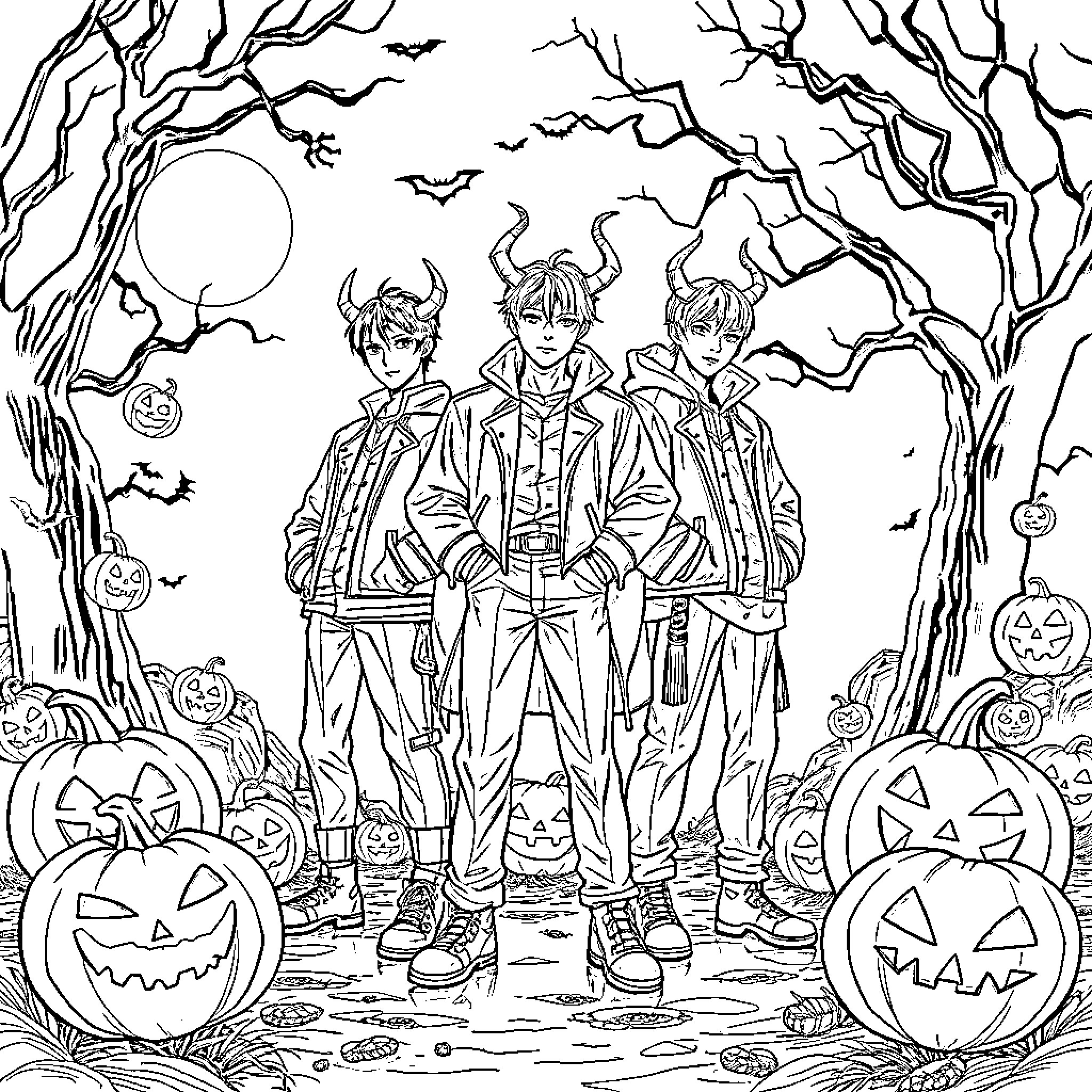 Demon Hunters in a Haunting Autumn Scene Coloring Page (free black-and-white line drawing printable PDF for all, from beginners to advanced learners, including children, teens, adults, and seniors)