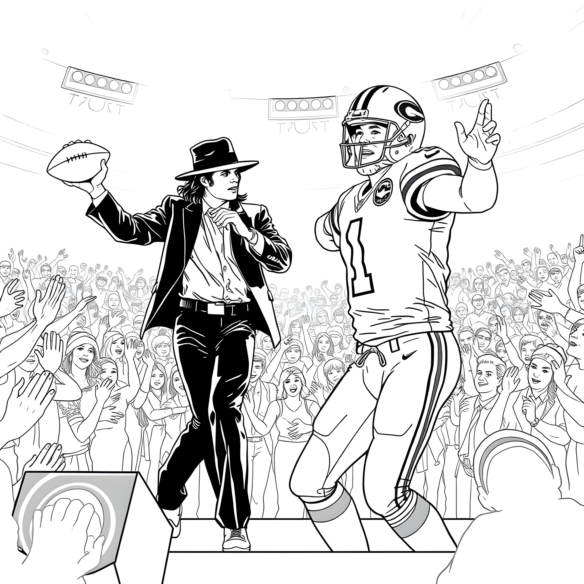 Michael Jackson Energizing the Crowd with Football Player Coloring Page (free black-and-white line drawing printable PDF for all, from beginners to advanced learners, including children, teens, adults, and seniors)
