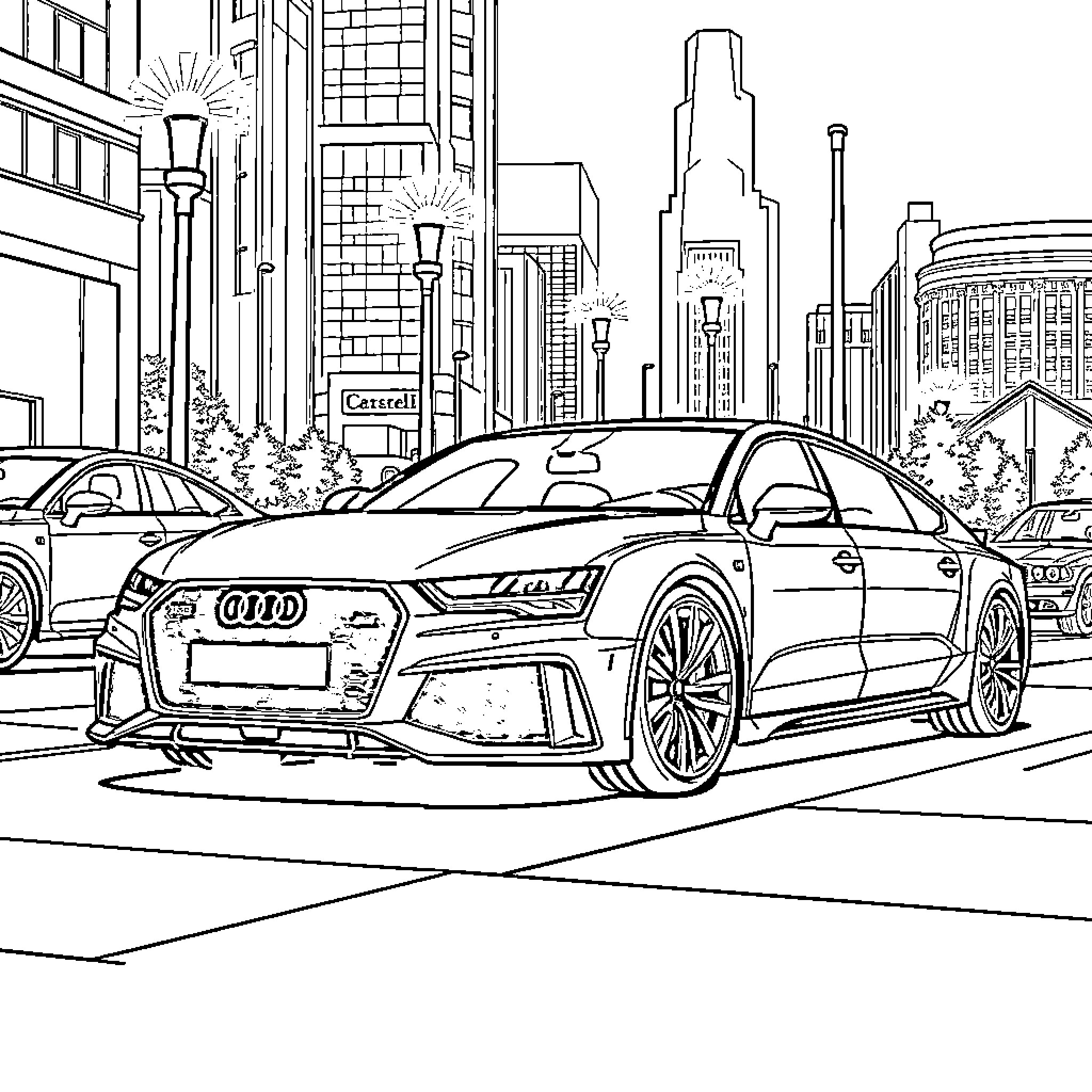 Audi RS7 in the city urban landscape Coloring Page (free black-and-white line drawing printable PDF for all, from beginners to advanced learners, including children, teens, adults, and seniors)