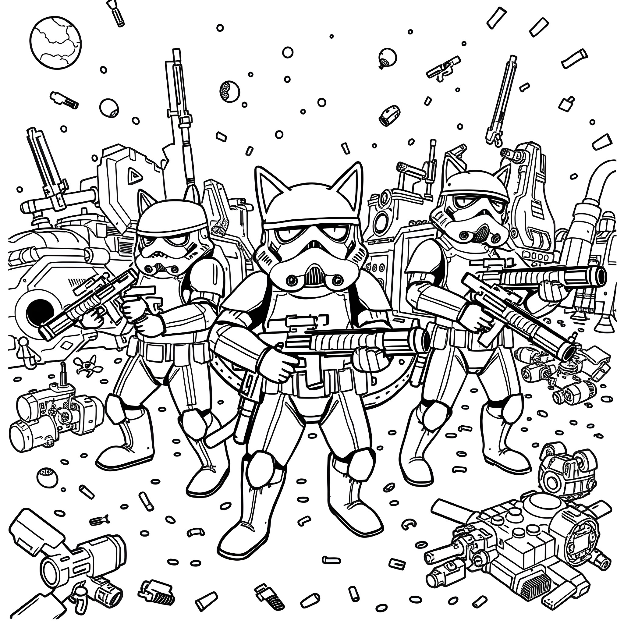 Cat Stormtroopers in Intergalactic Chaos Coloring Page (free black-and-white line drawing printable PDF for all, from beginners to advanced learners, including children, teens, adults, and seniors)