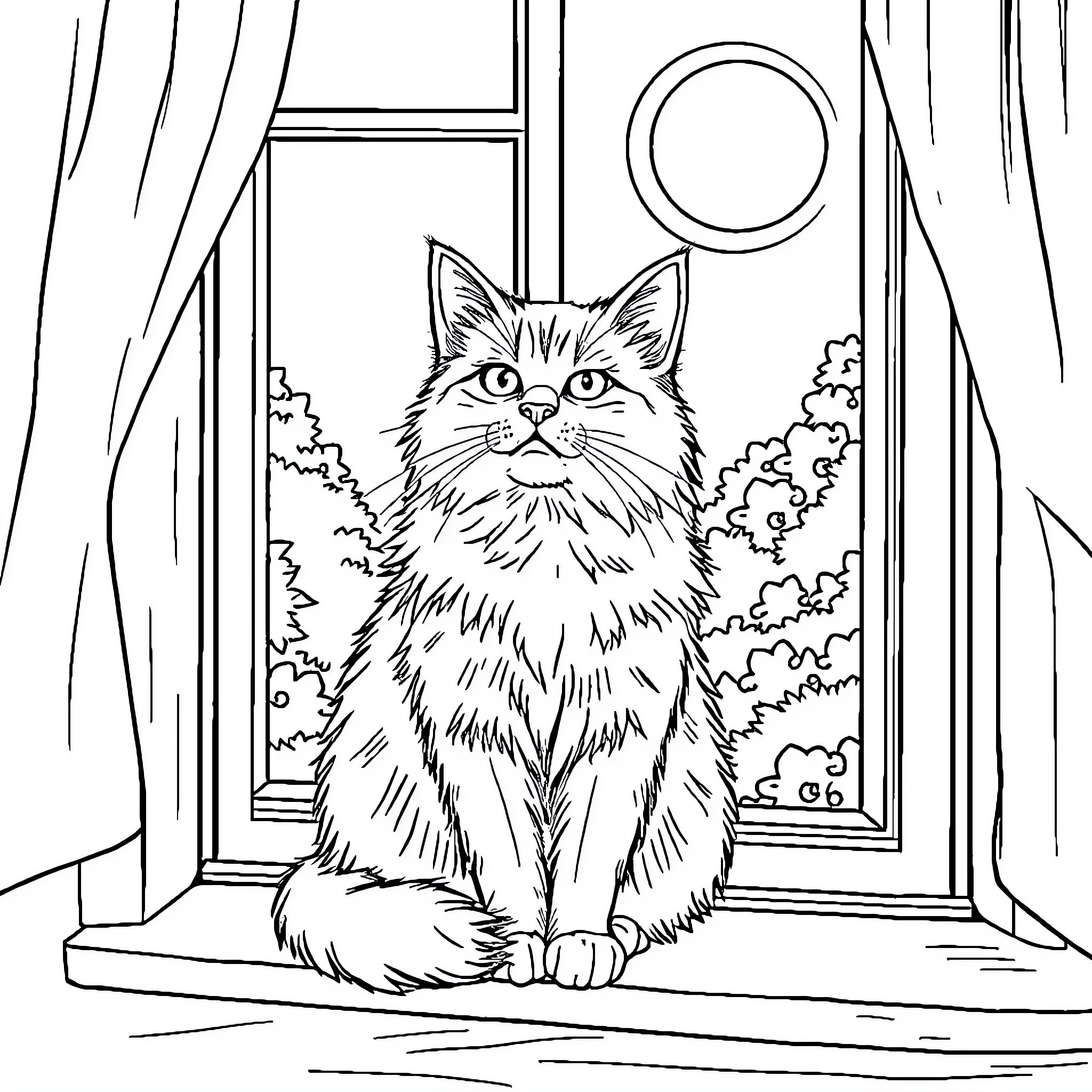 Cat gazing out of the window Coloring Page (free black-and-white line drawing printable PDF for all, from beginners to advanced learners, including children, teens, adults, and seniors)