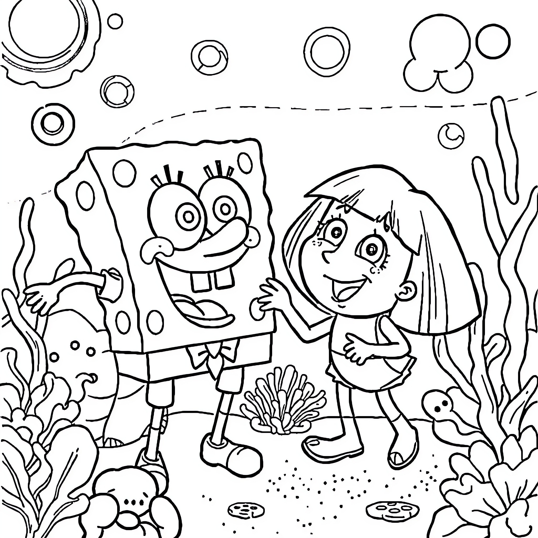 Spongebob and Friend Explore the Underwater World Coloring Page (free black-and-white line drawing printable PDF for all, from beginners to advanced learners, including children, teens, adults, and seniors)