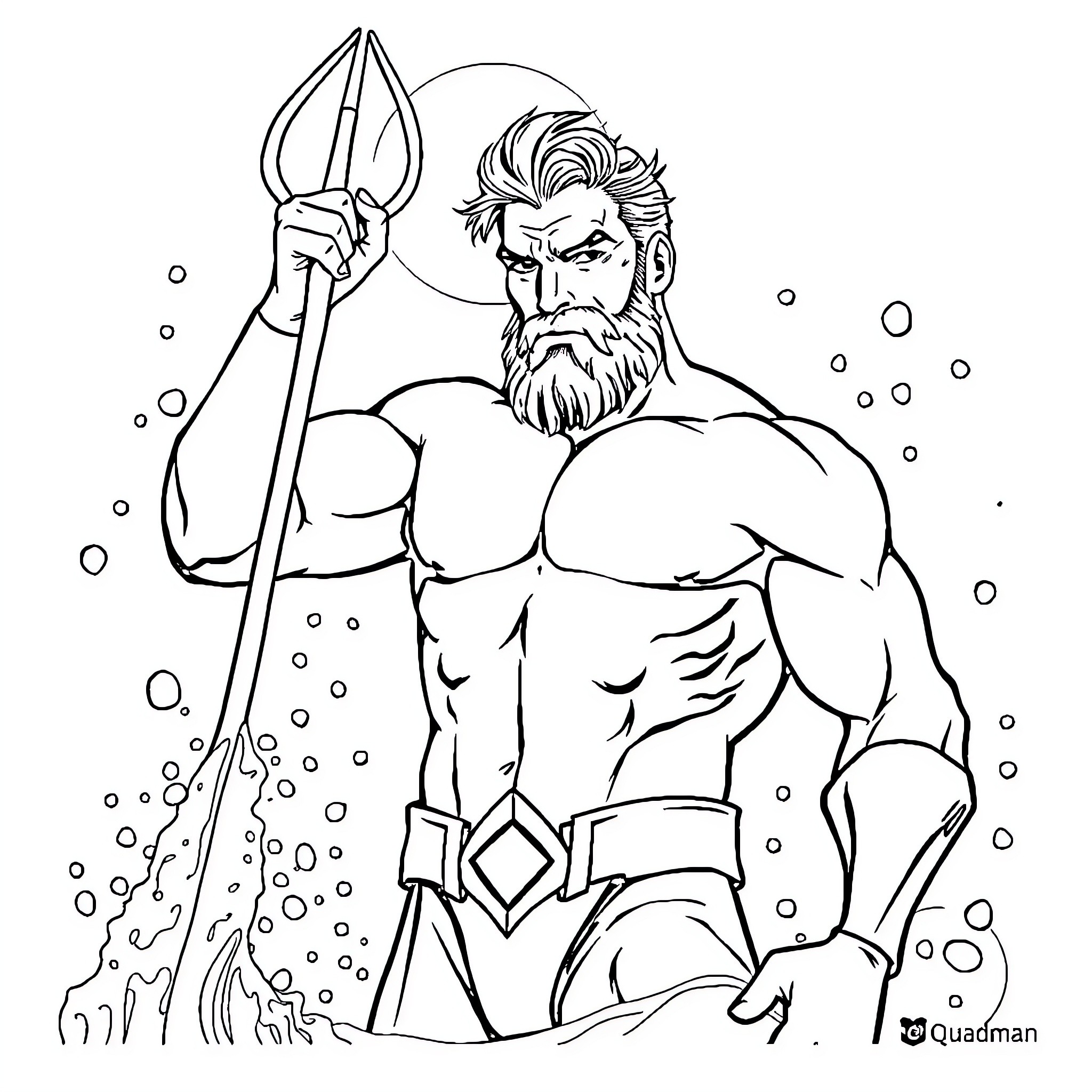 Aquaman wielding trident in underwater scene Coloring Page (free black-and-white line drawing printable PDF for all, from beginners to advanced learners, including children, teens, adults, and seniors)