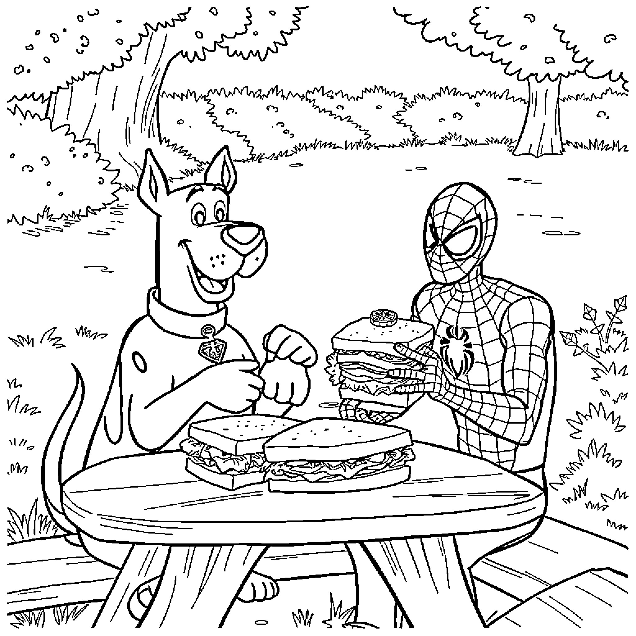 Scooby Doo and Spiderman Enjoying Burgers in the Park Coloring Page (free black-and-white line drawing printable PDF for all, from beginners to advanced learners, including children, teens, adults, and seniors)
