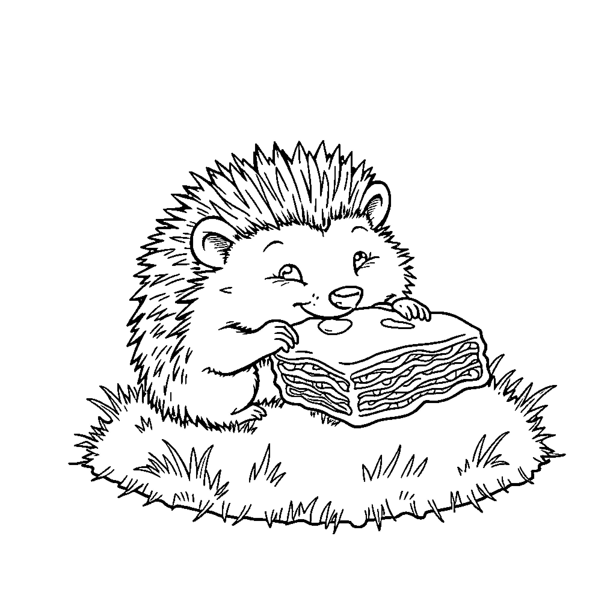 Hedgehog enjoying a tasty treat Coloring Page (free black-and-white line drawing printable PDF for all, from beginners to advanced learners, including children, teens, adults, and seniors)