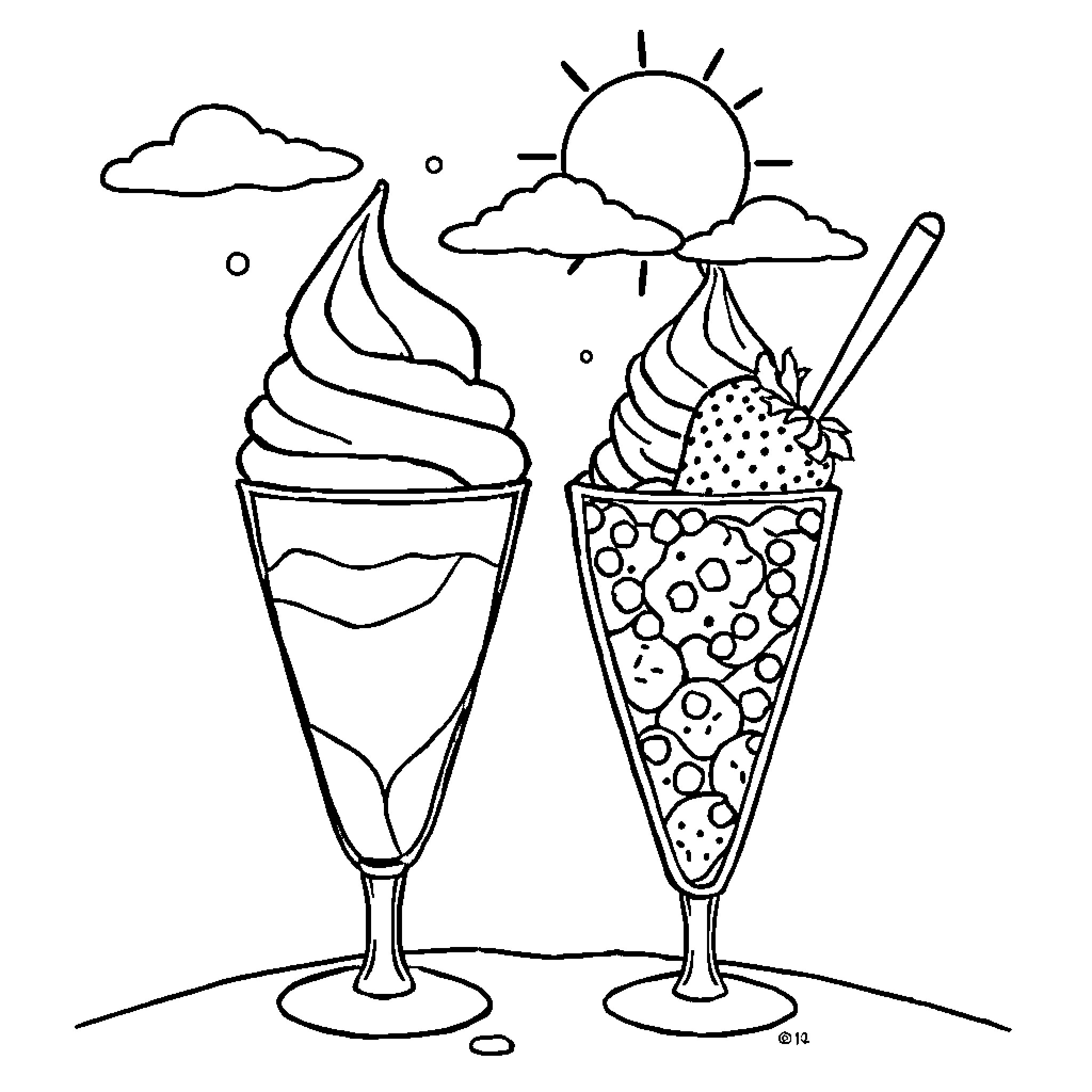 Ice Cream Treats on a Sunny Day Coloring Page (free black-and-white line drawing printable PDF for all, from beginners to advanced learners, including children, teens, adults, and seniors)