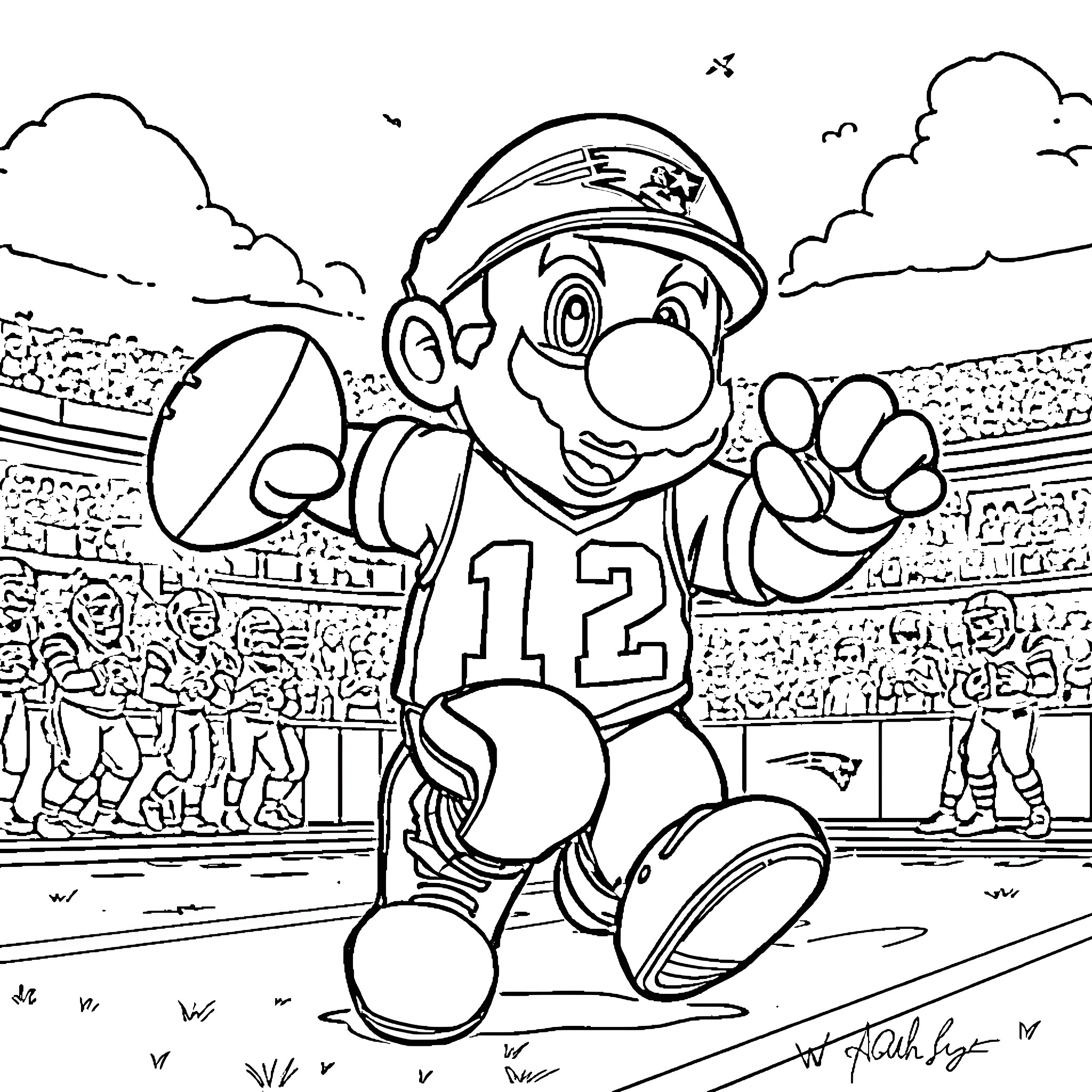 Super Mario playing football in the stadium Coloring Page (free black-and-white line drawing printable PDF for all, from beginners to advanced learners, including children, teens, adults, and seniors)