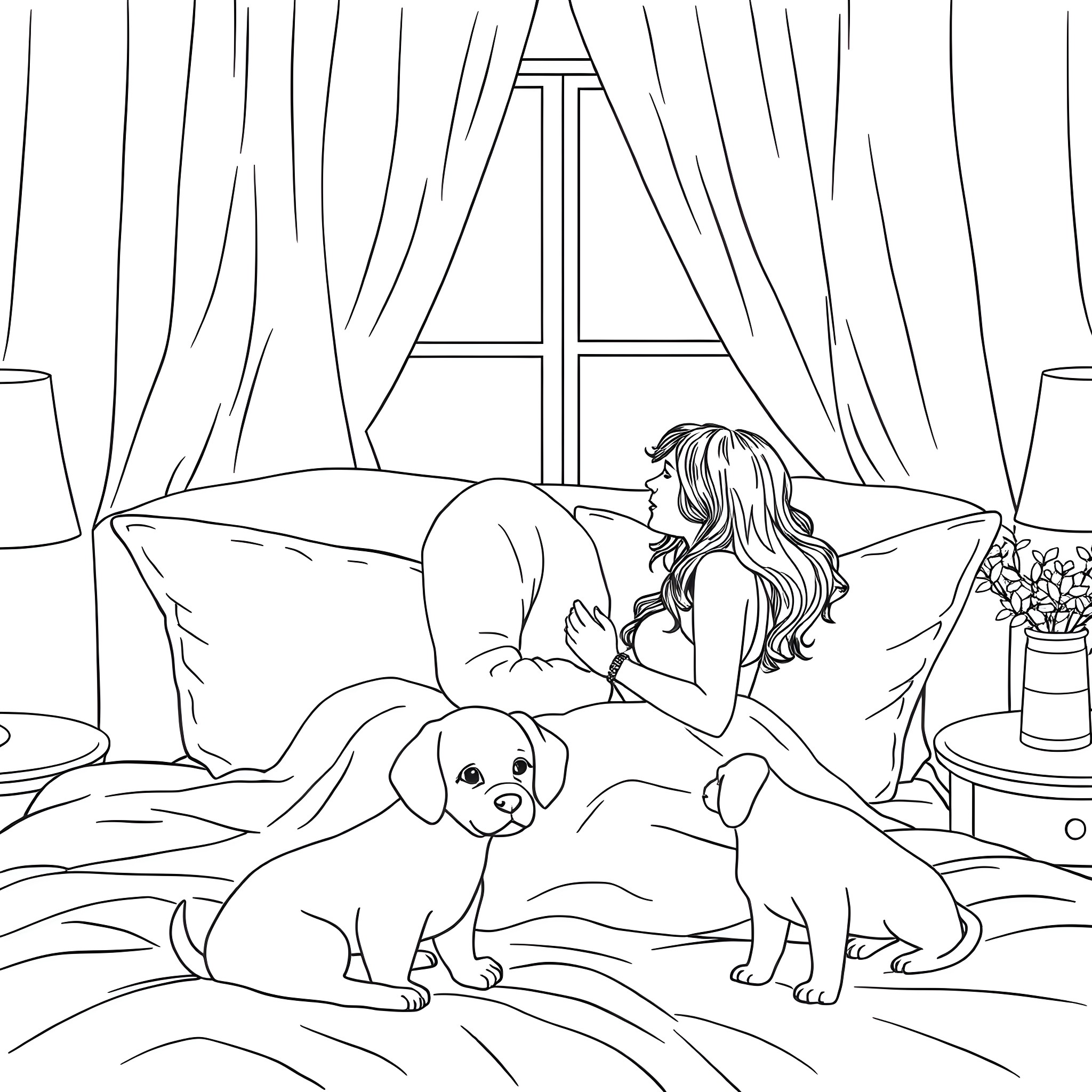 Couple relaxing with their pet in cozy bedroom Coloring Page (free black-and-white line drawing printable PDF for all, from beginners to advanced learners, including children, teens, adults, and seniors)