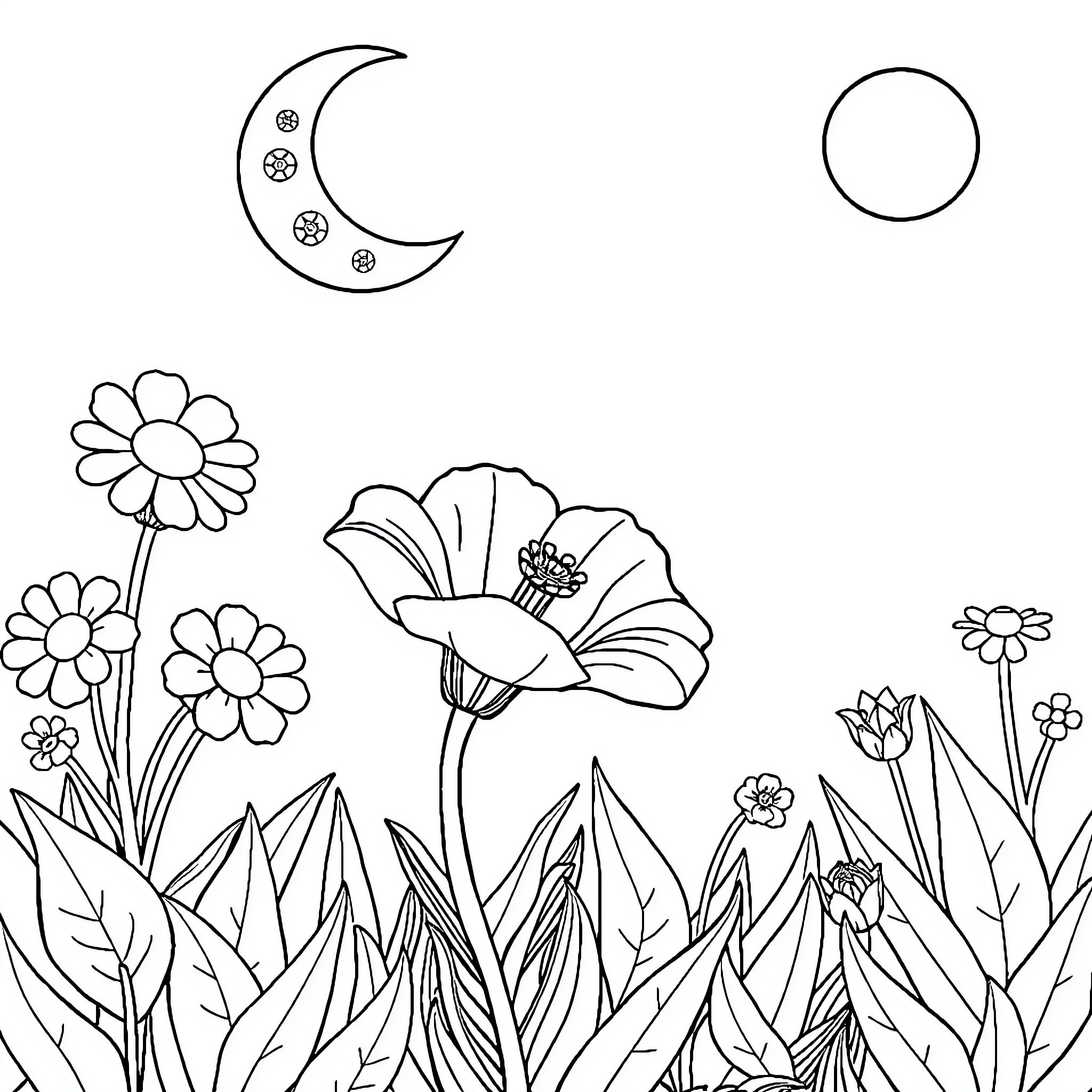 Crescent Moon and Blooming Flowers in Nature Coloring Page (free black-and-white line drawing printable PDF for all, from beginners to advanced learners, including children, teens, adults, and seniors)