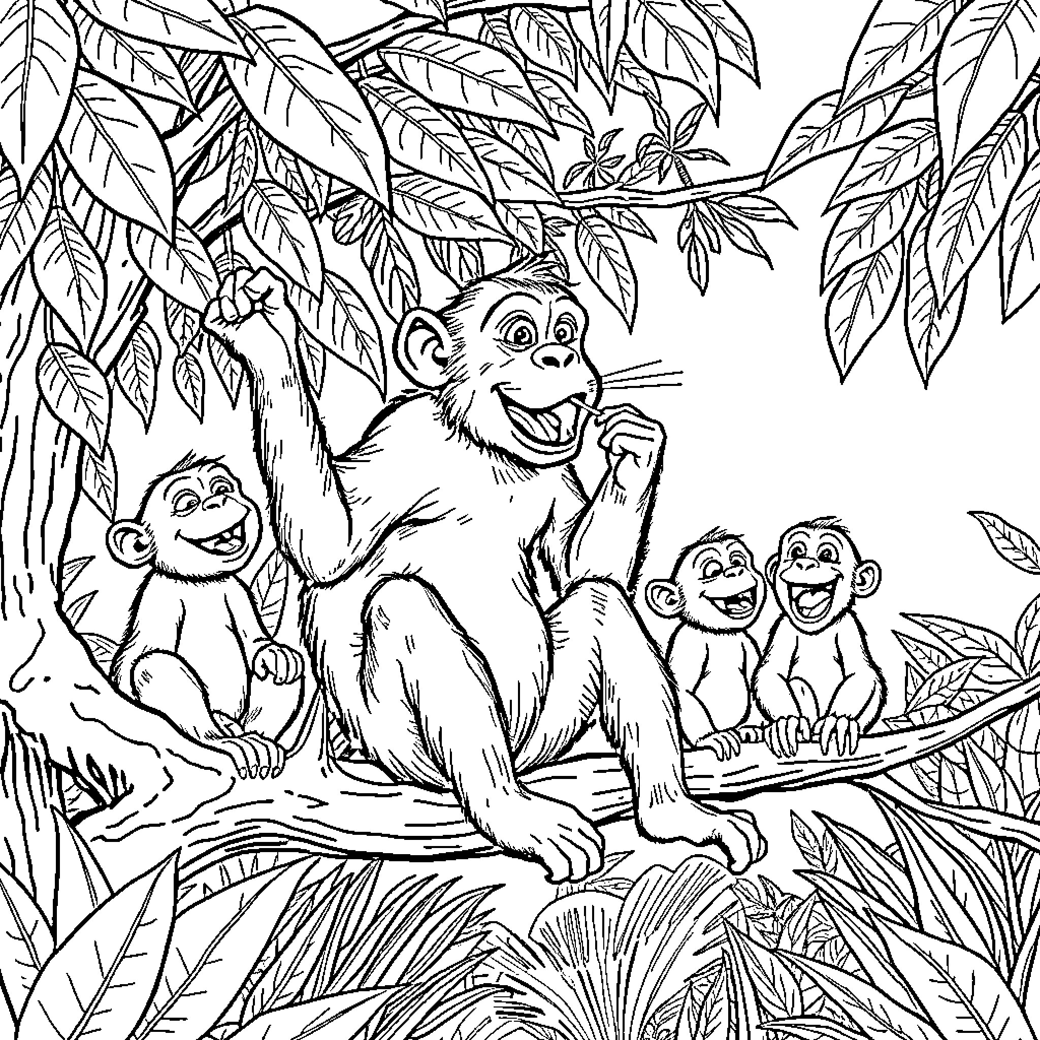 Monkey Family Enjoying Nature in the Jungle Coloring Page (free black-and-white line drawing printable PDF for all, from beginners to advanced learners, including children, teens, adults, and seniors)