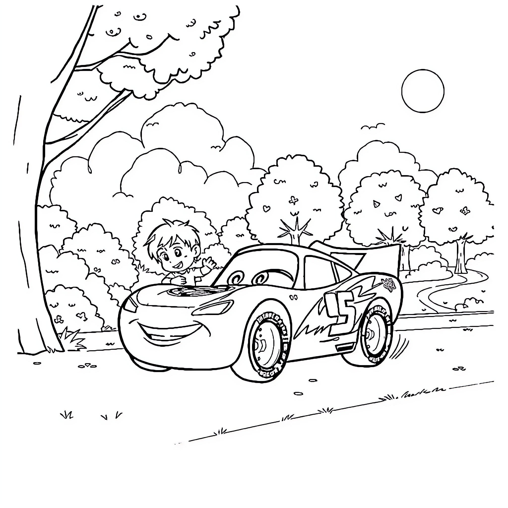 Flash McQueen racing through the countryside Coloring Page (free black-and-white line drawing printable PDF for all, from beginners to advanced learners, including children, teens, adults, and seniors)