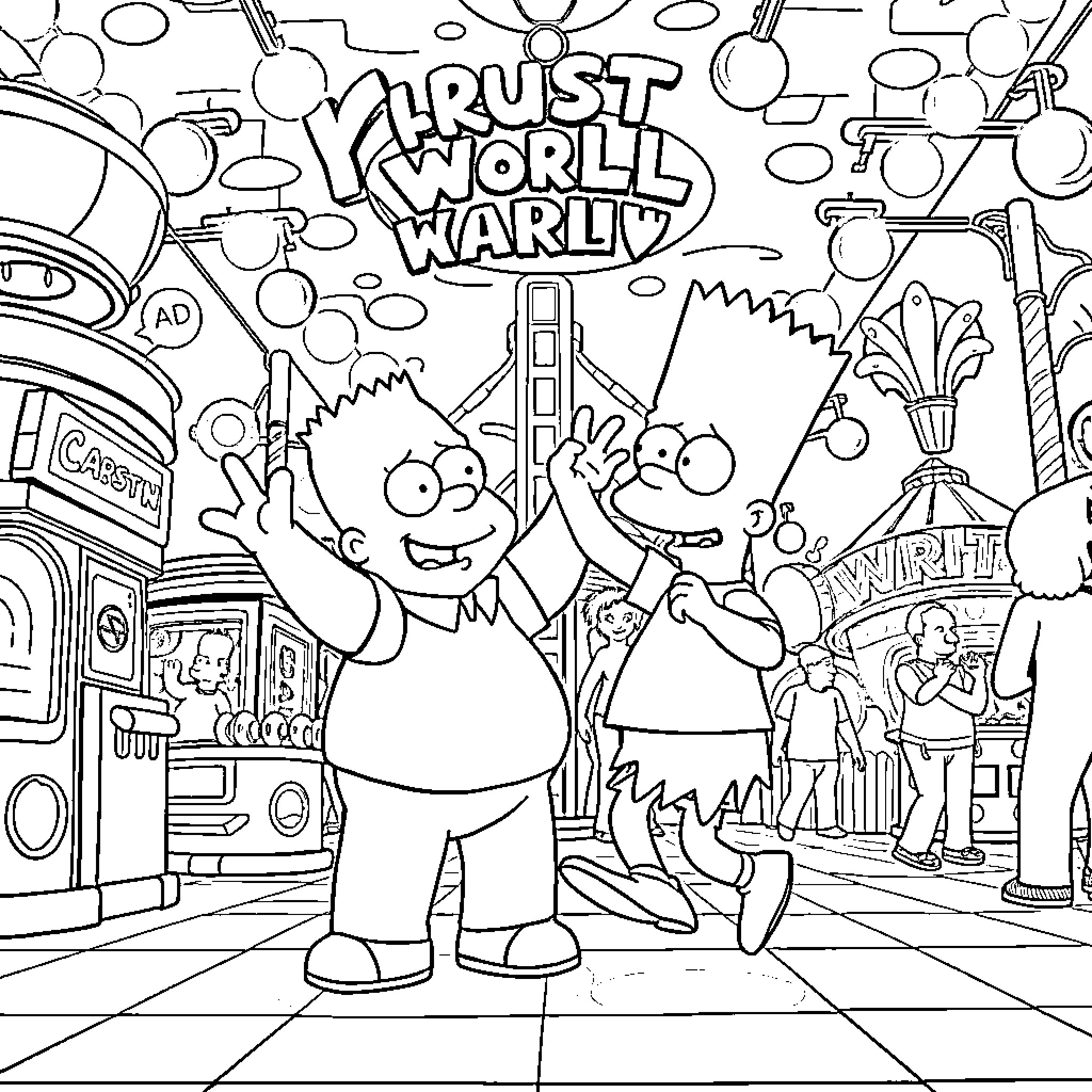 Cartman explores the Krusty World Warly theme park Coloring Page (free black-and-white line drawing printable PDF for all, from beginners to advanced learners, including children, teens, adults, and seniors)