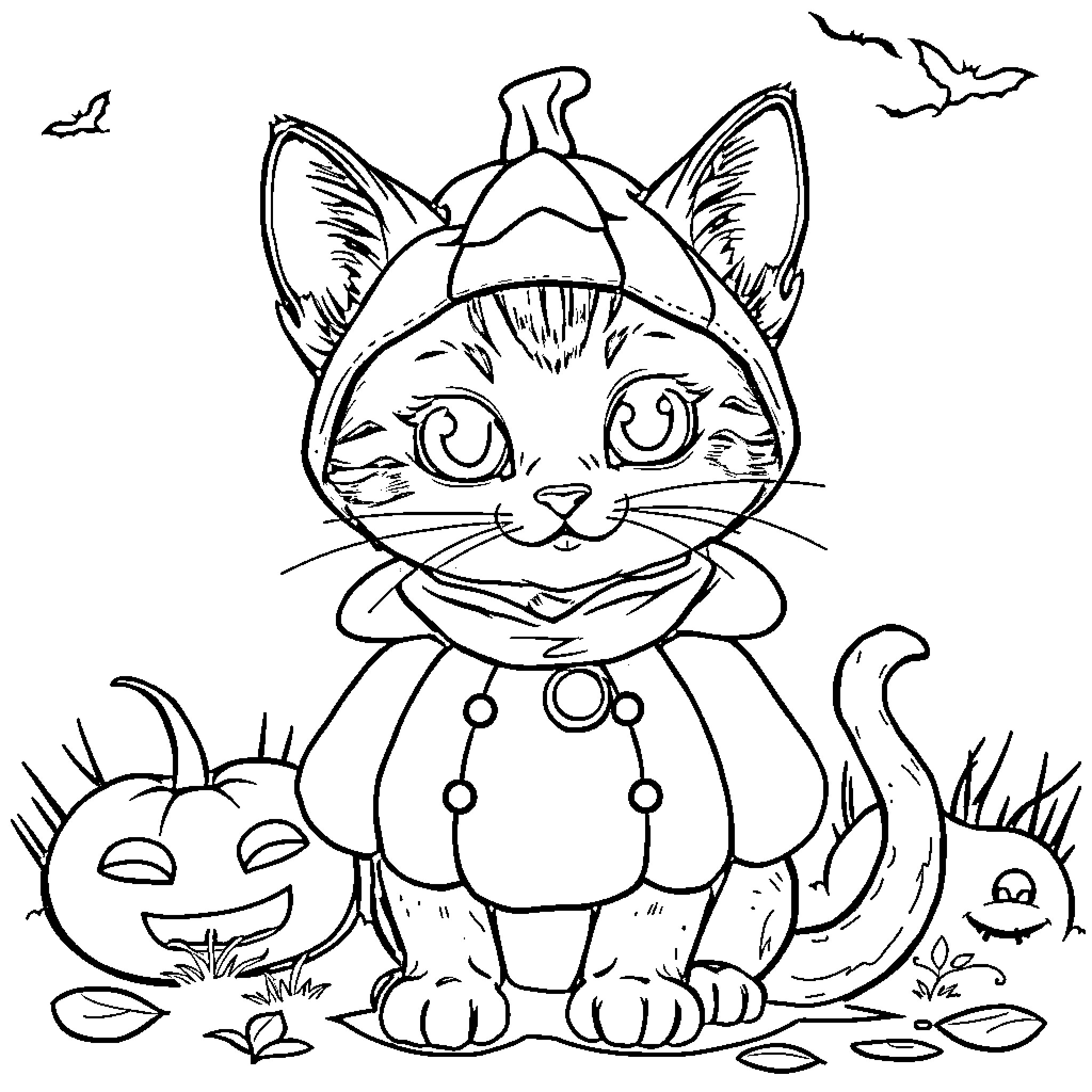 Cat in costume exploring spooky scene Coloring Page (free black-and-white line drawing printable PDF for all, from beginners to advanced learners, including children, teens, adults, and seniors)
