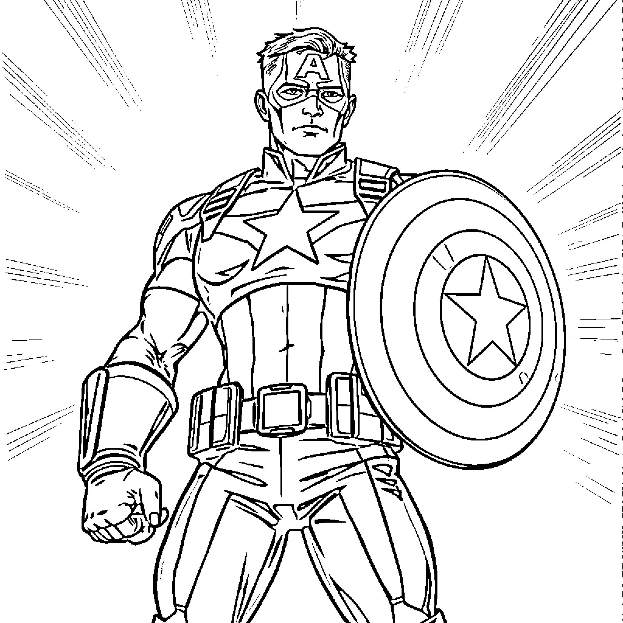 Steve Rogers as Captain America in heroic pose Coloring Page (free black-and-white line drawing printable PDF for all, from beginners to advanced learners, including children, teens, adults, and seniors)