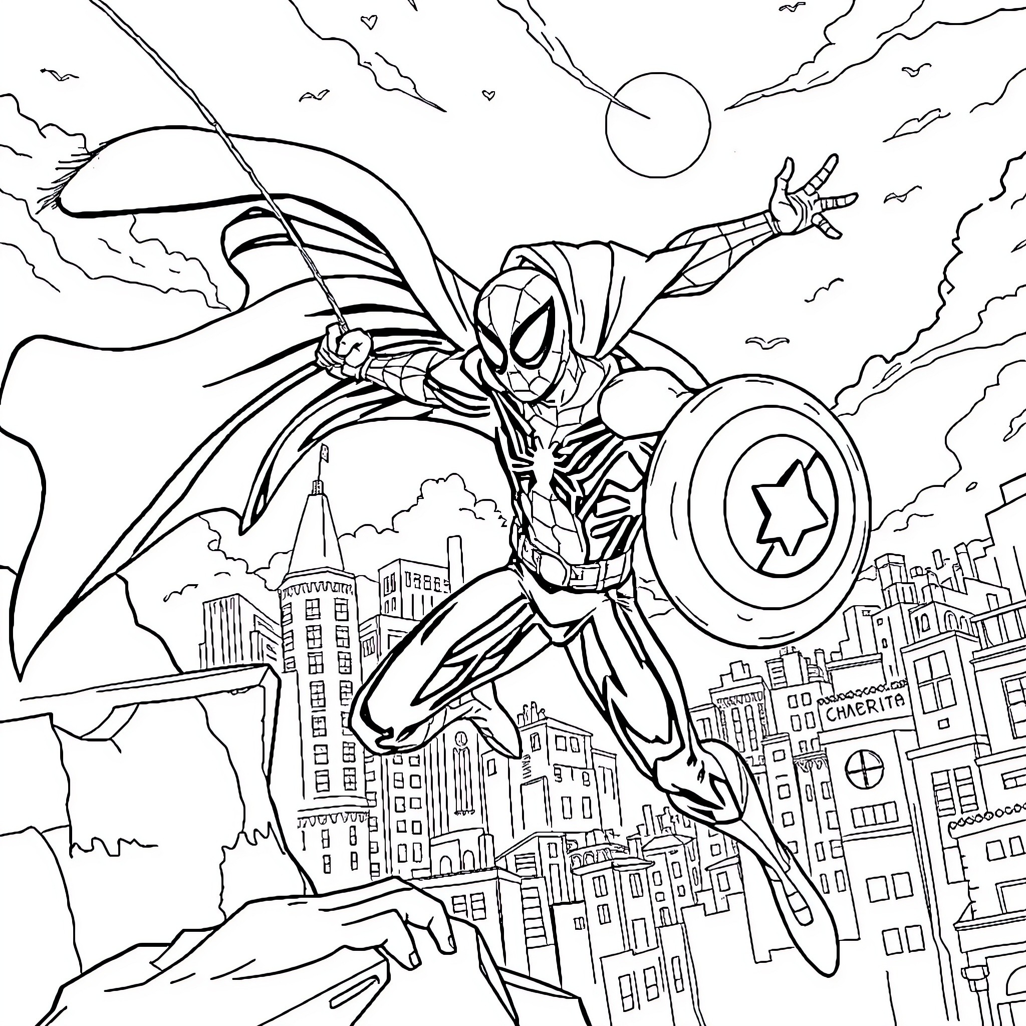 Homem-Aranha swinging above the city skyline Coloring Page (free black-and-white line drawing printable PDF for all, from beginners to advanced learners, including children, teens, adults, and seniors)