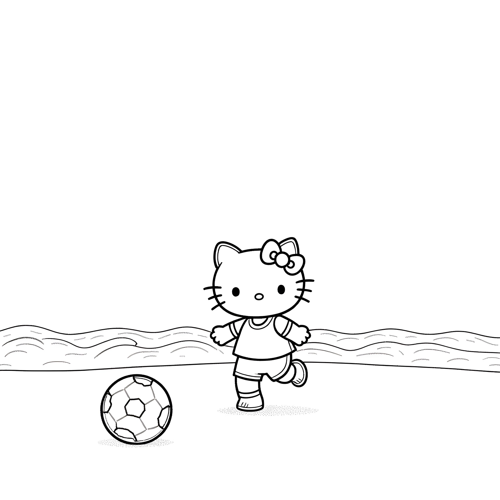 Hello Kitty playing with soccer ball on the beach Coloring Page (free black-and-white line drawing printable PDF for all, from beginners to advanced learners, including children, teens, adults, and seniors)