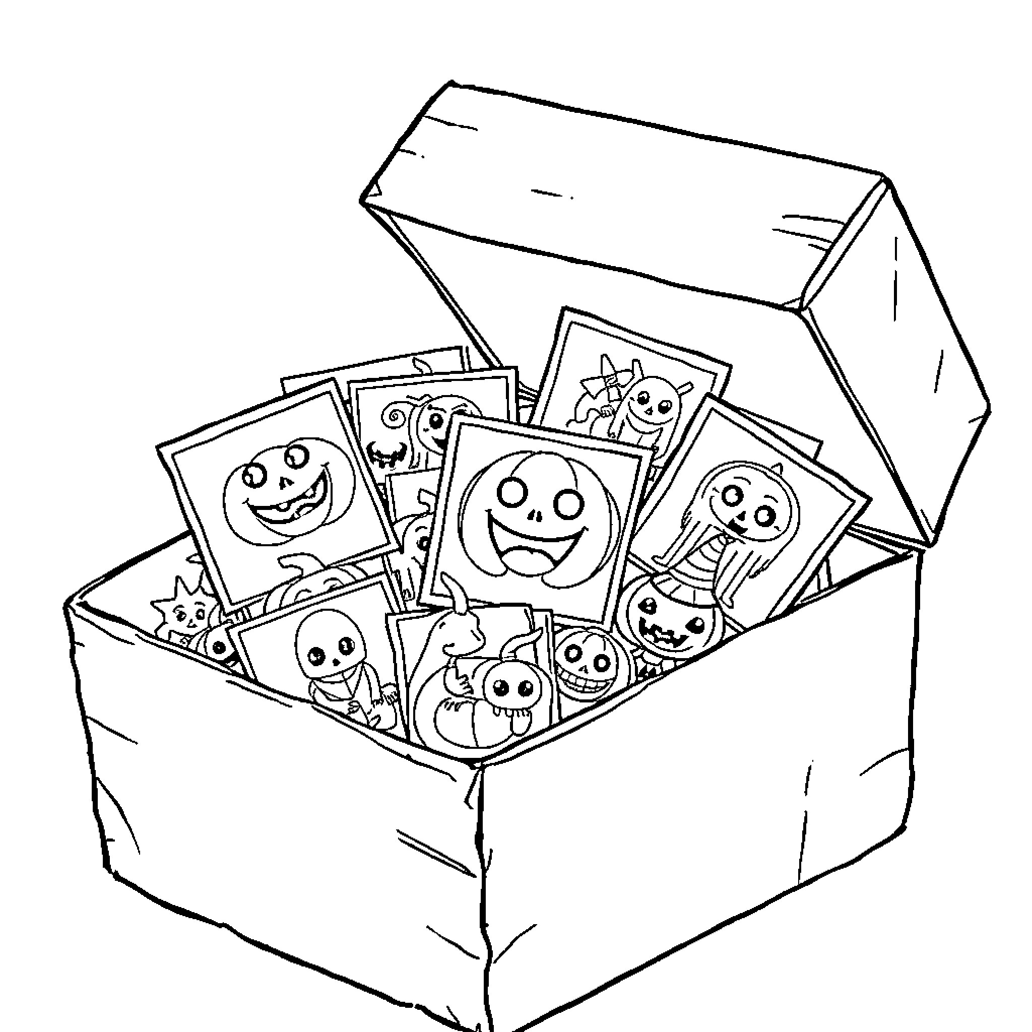 Halloween box filled with spooky cards Coloring Page (free black-and-white line drawing printable PDF for all, from beginners to advanced learners, including children, teens, adults, and seniors)
