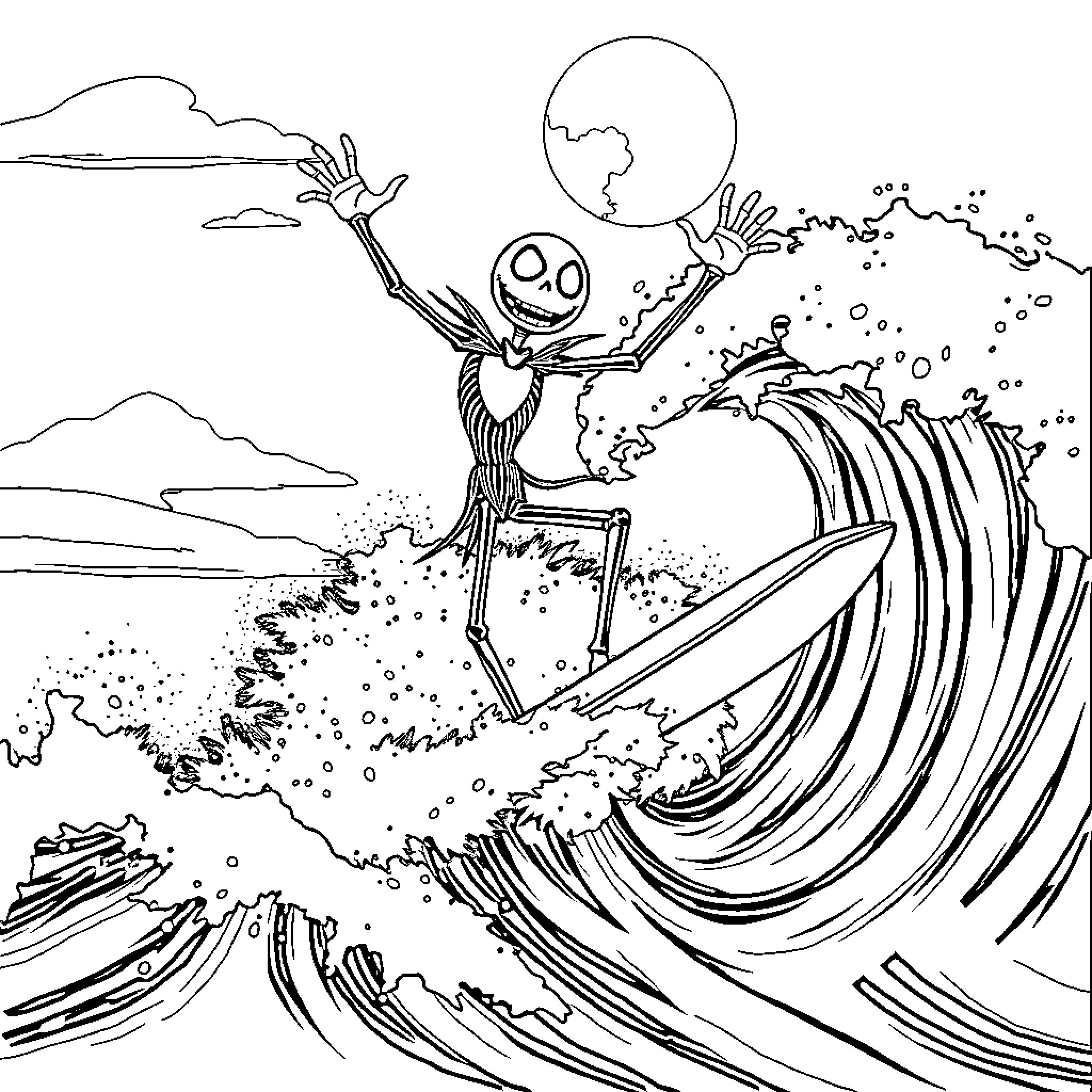 Jack Skeleton surfing the cosmic waves Coloring Page (free black-and-white line drawing printable PDF for all, from beginners to advanced learners, including children, teens, adults, and seniors)