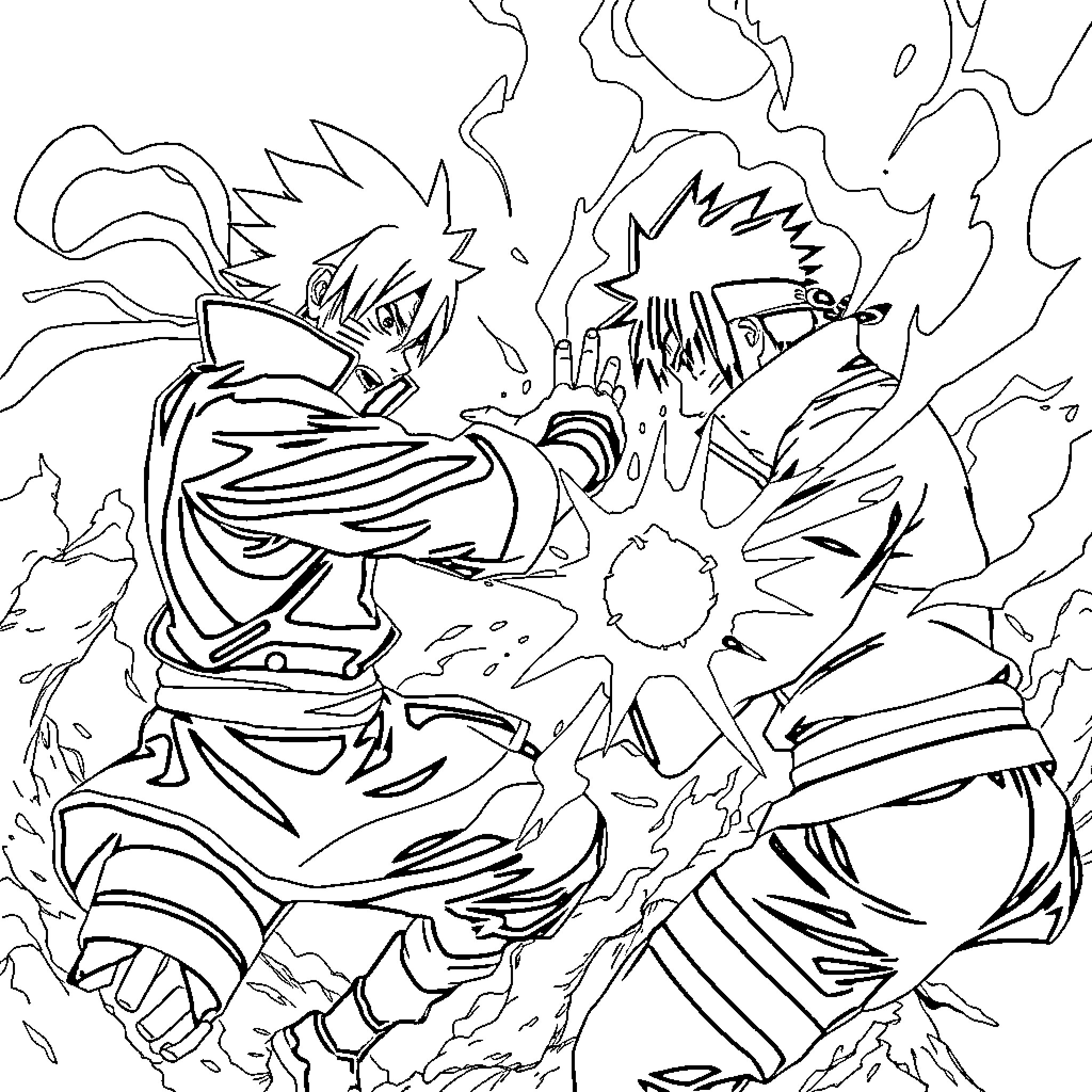 Sasuke engaged in intense combat Coloring Page (free black-and-white line drawing printable PDF for all, from beginners to advanced learners, including children, teens, adults, and seniors)
