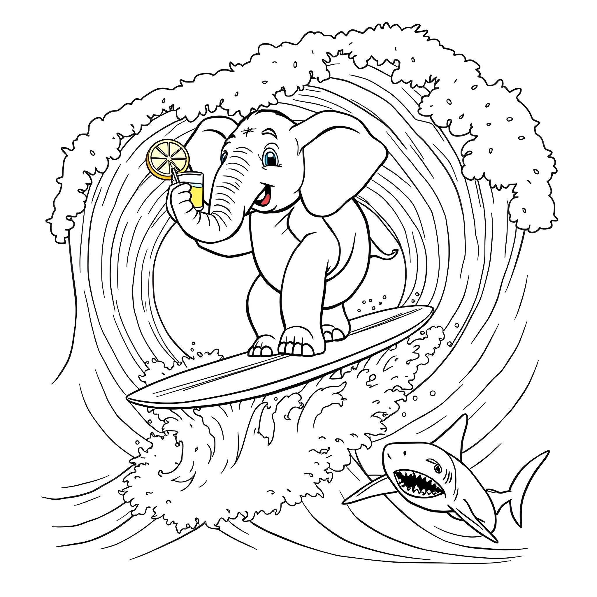 Elephant surfing on a wave with a shark Coloring Page (free black-and-white line drawing printable PDF for all, from beginners to advanced learners, including children, teens, adults, and seniors)