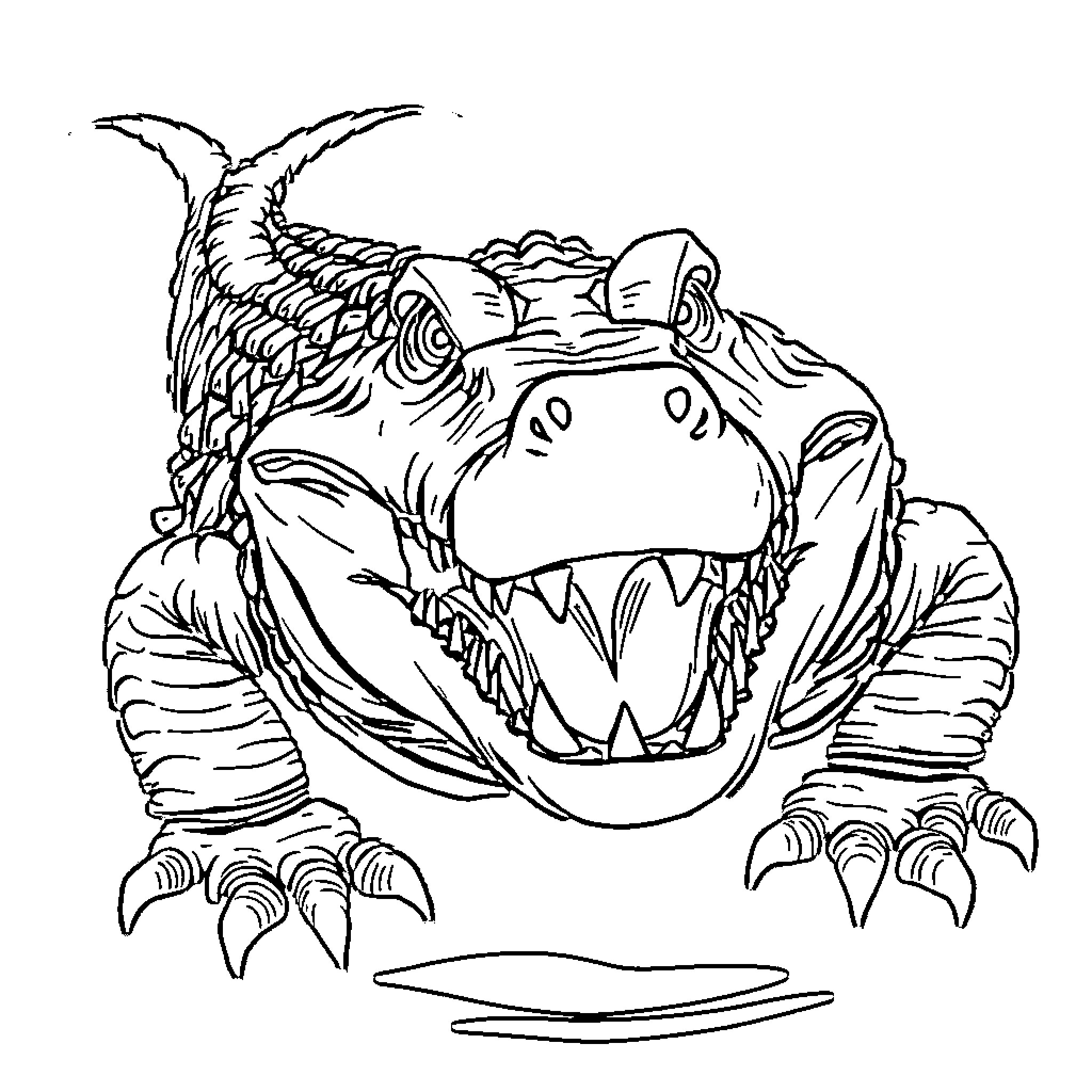 Cocodrilo attacking with fierce claws and open jaws Coloring Page (free black-and-white line drawing printable PDF for all, from beginners to advanced learners, including children, teens, adults, and seniors)
