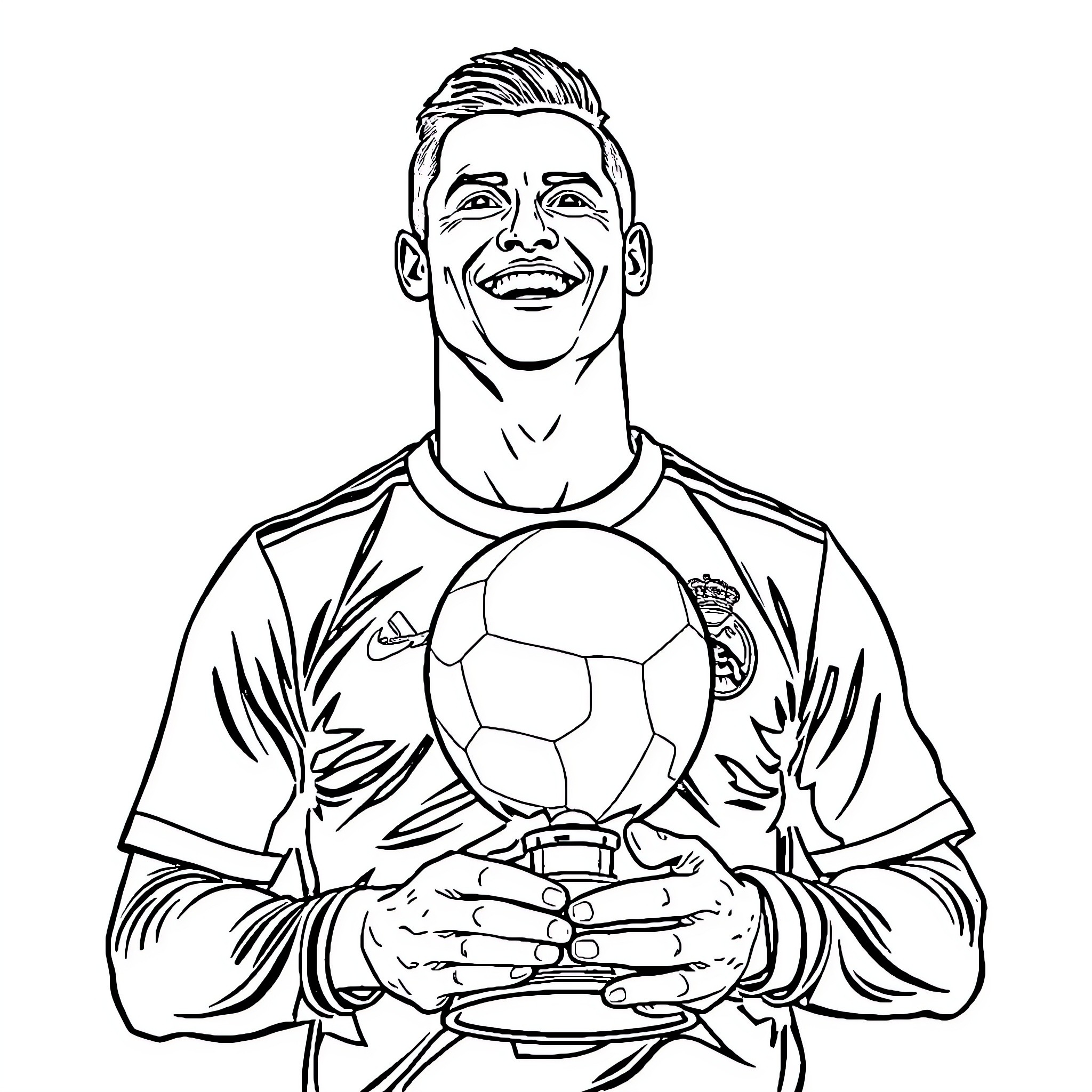 Ronaldo posing with soccer ball on field Coloring Page (free black-and-white line drawing printable PDF for all, from beginners to advanced learners, including children, teens, adults, and seniors)