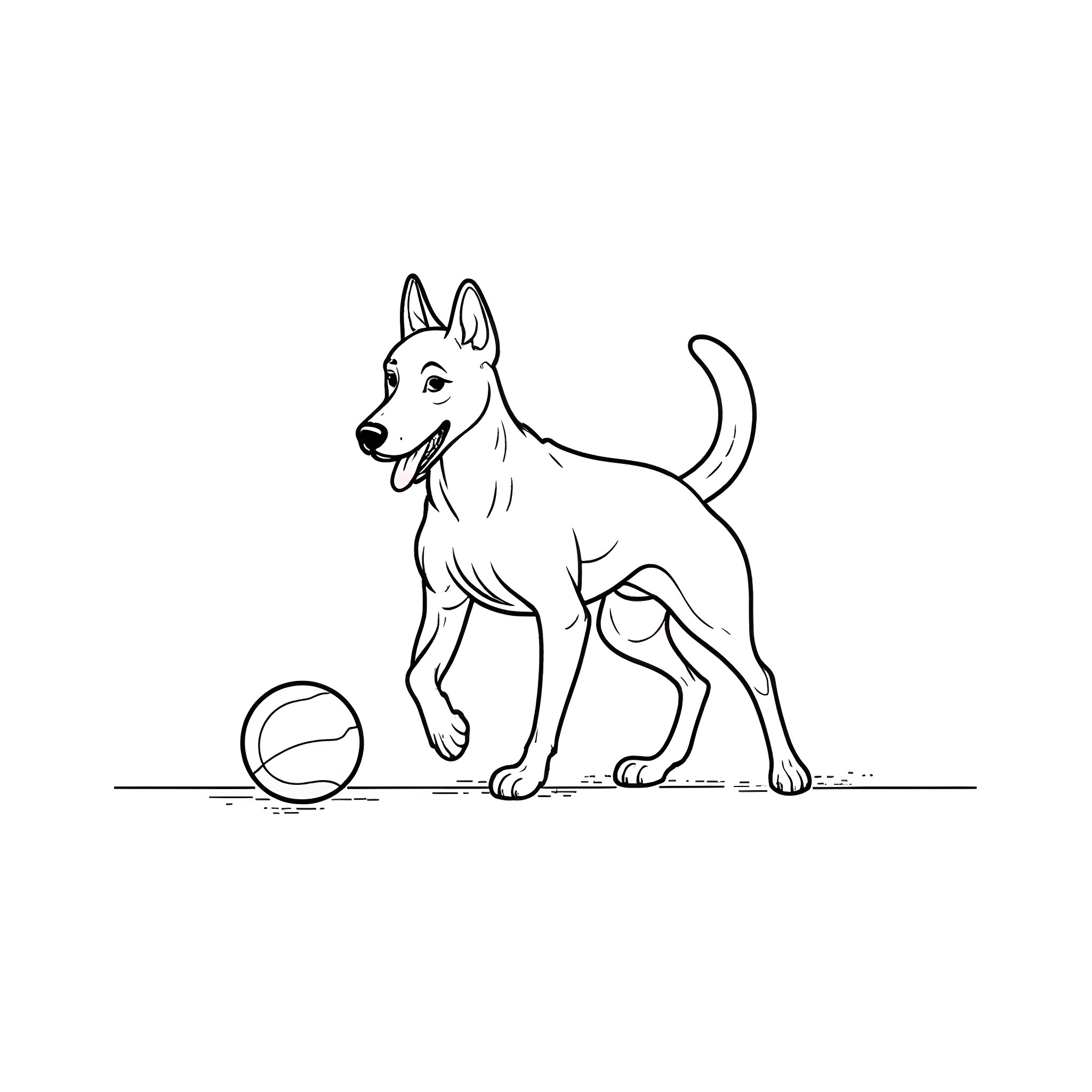 Dog playing with ball in the park Coloring Page (free black-and-white line drawing printable PDF for all, from beginners to advanced learners, including children, teens, adults, and seniors)