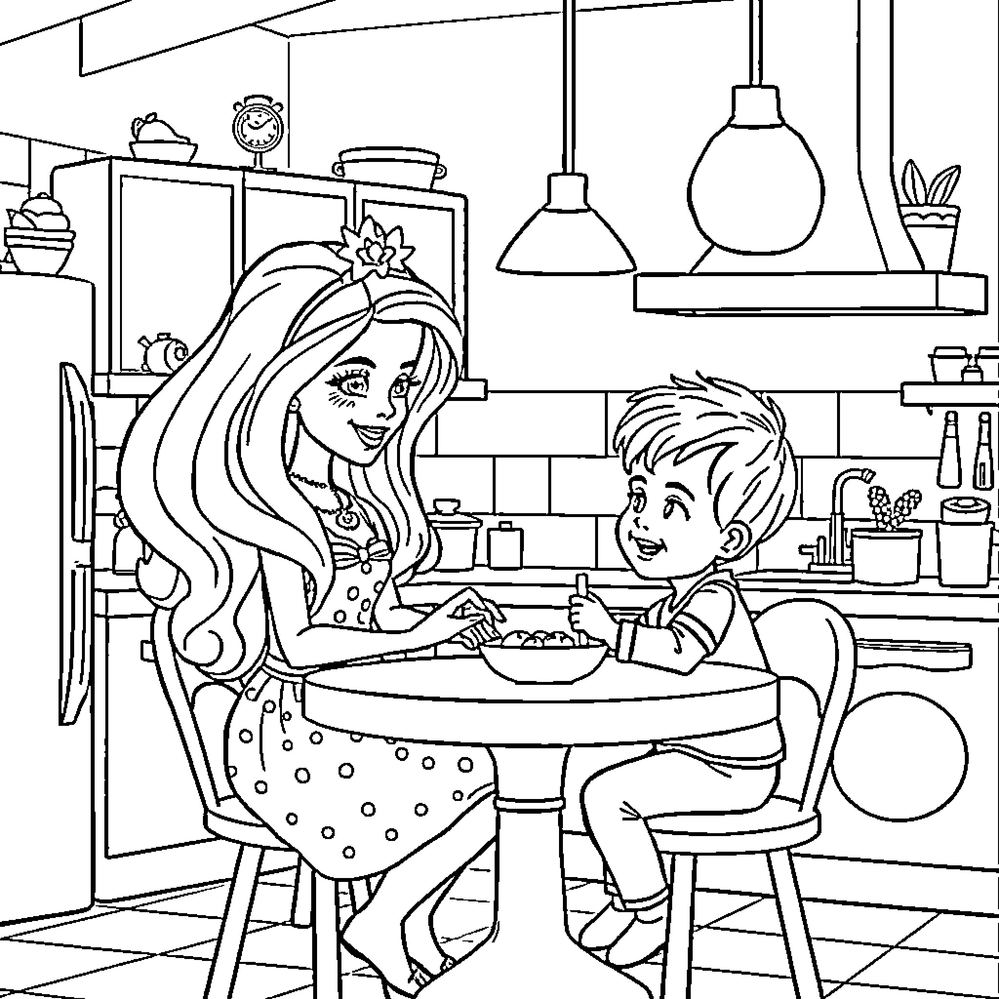 Barbie and Ken Enjoying a Meal in the Kitchen Coloring Page (free black-and-white line drawing printable PDF for all, from beginners to advanced learners, including children, teens, adults, and seniors)