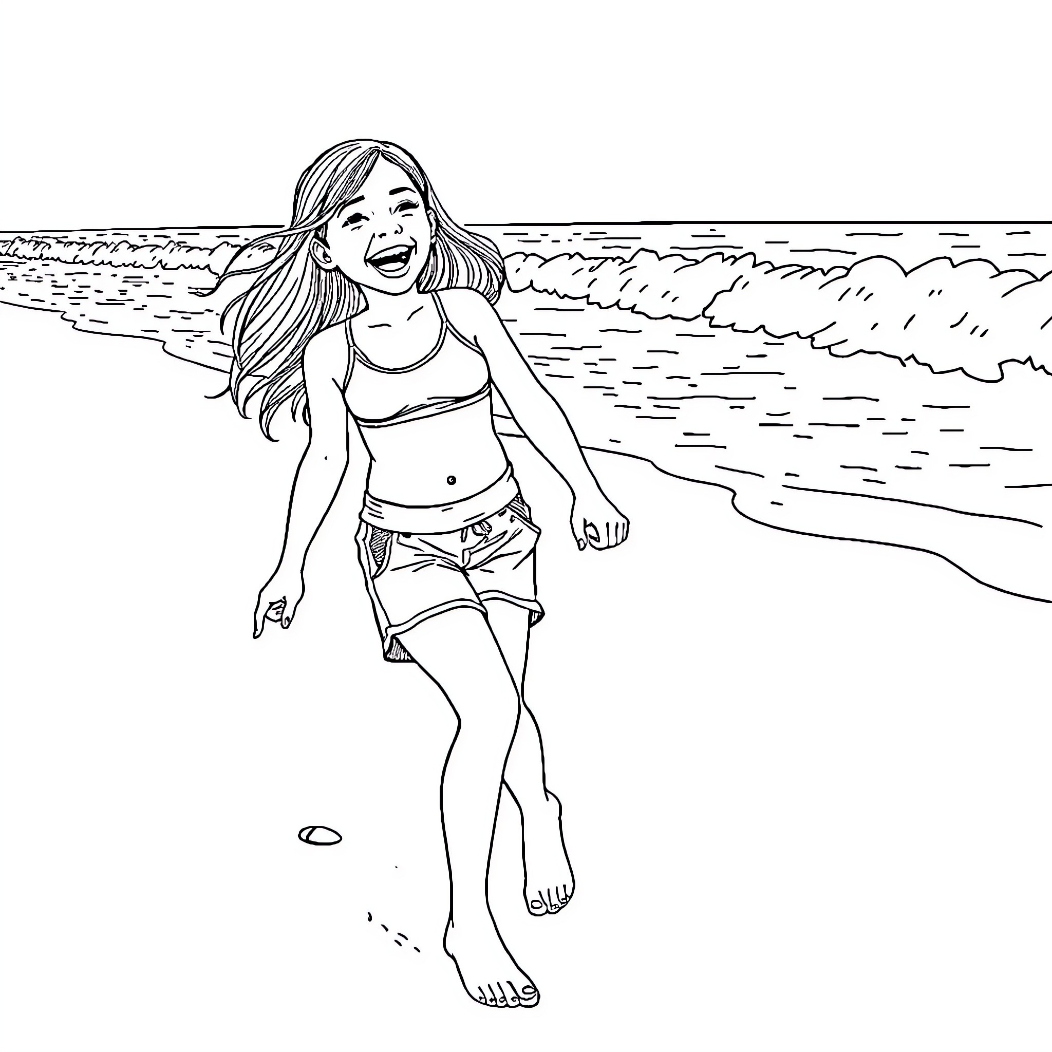 Girl joyfully running along the beach Coloring Page (free black-and-white line drawing printable PDF for all, from beginners to advanced learners, including children, teens, adults, and seniors)
