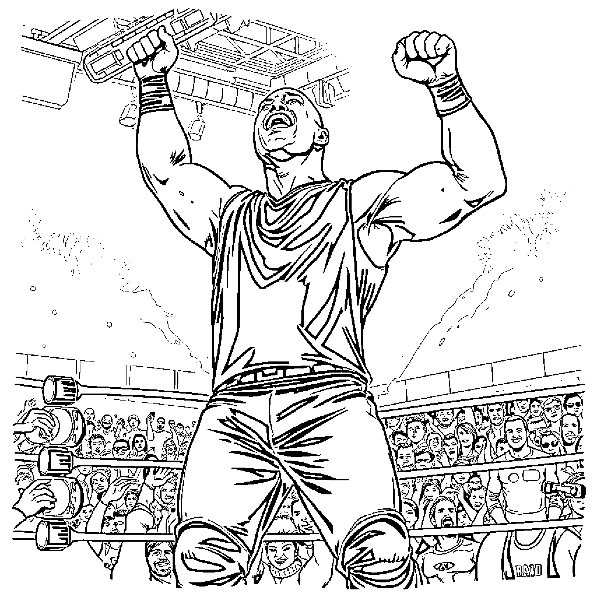 The Rock celebrating victory in the ring Coloring Page (free black-and-white line drawing printable PDF for all, from beginners to advanced learners, including children, teens, adults, and seniors)