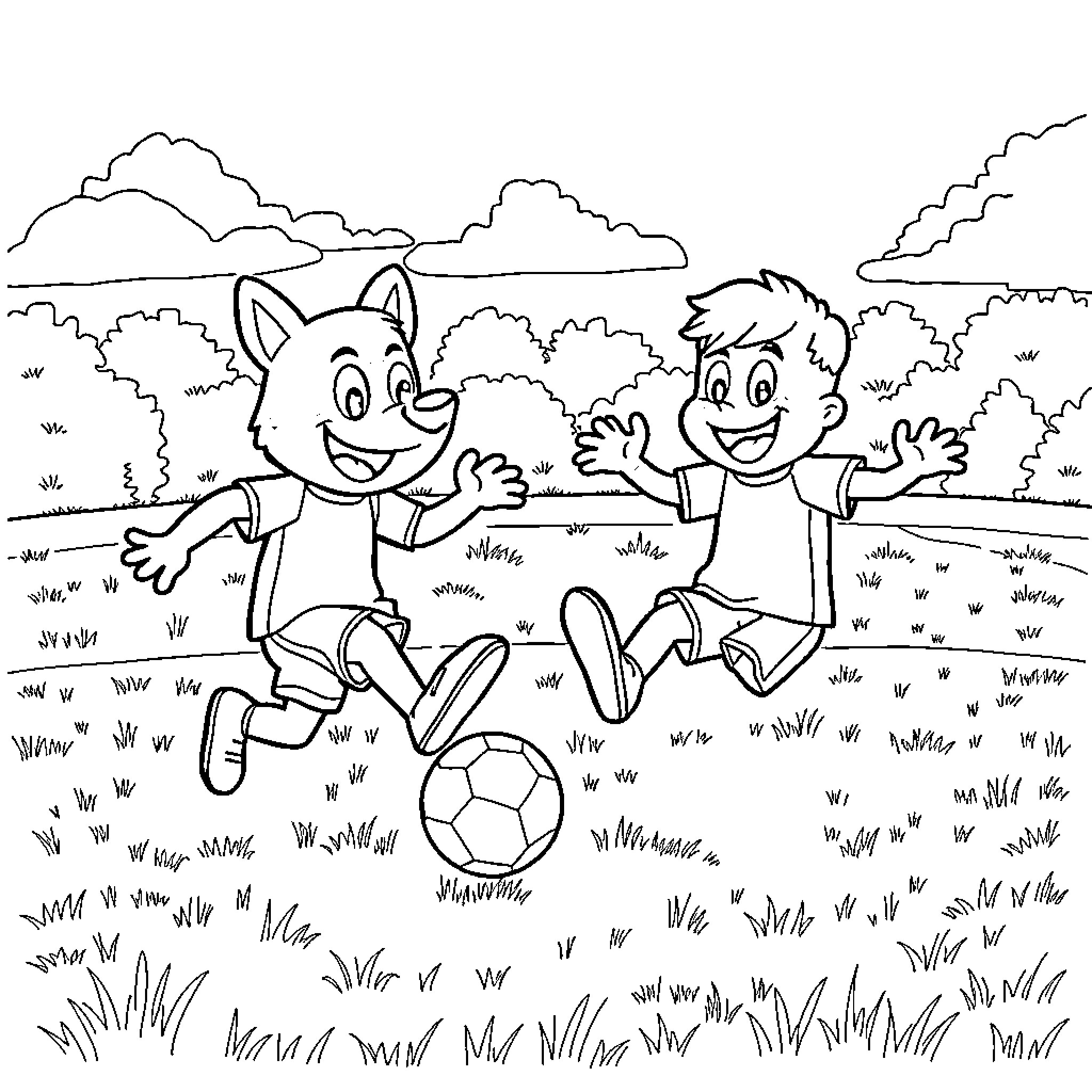 Bluey and friend playing soccer in the park Coloring Page (free black-and-white line drawing printable PDF for all, from beginners to advanced learners, including children, teens, adults, and seniors)