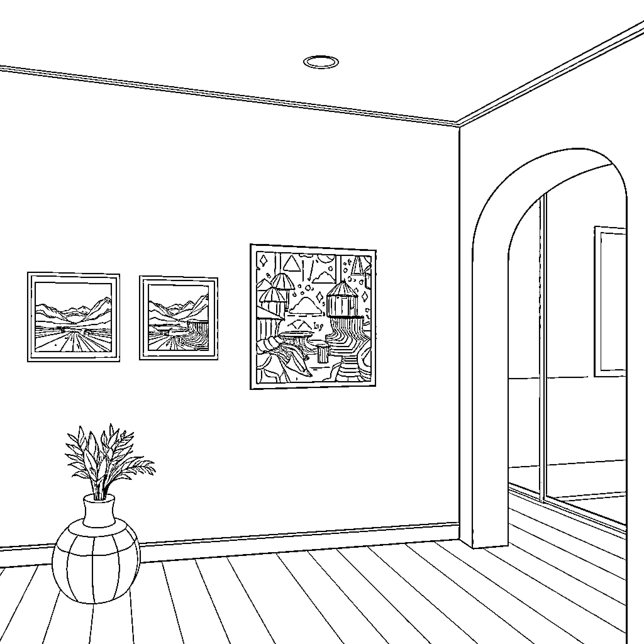 Picture of a modern home interior with artwork on the walls Coloring Page (free black-and-white line drawing printable PDF for all, from beginners to advanced learners, including children, teens, adults, and seniors)