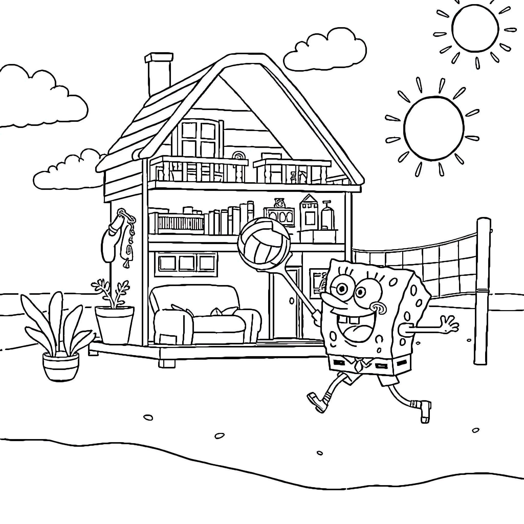 Gabby's Dollhouse - Animated character in home setting Coloring Page (free black-and-white line drawing printable PDF for all, from beginners to advanced learners, including children, teens, adults, and seniors)