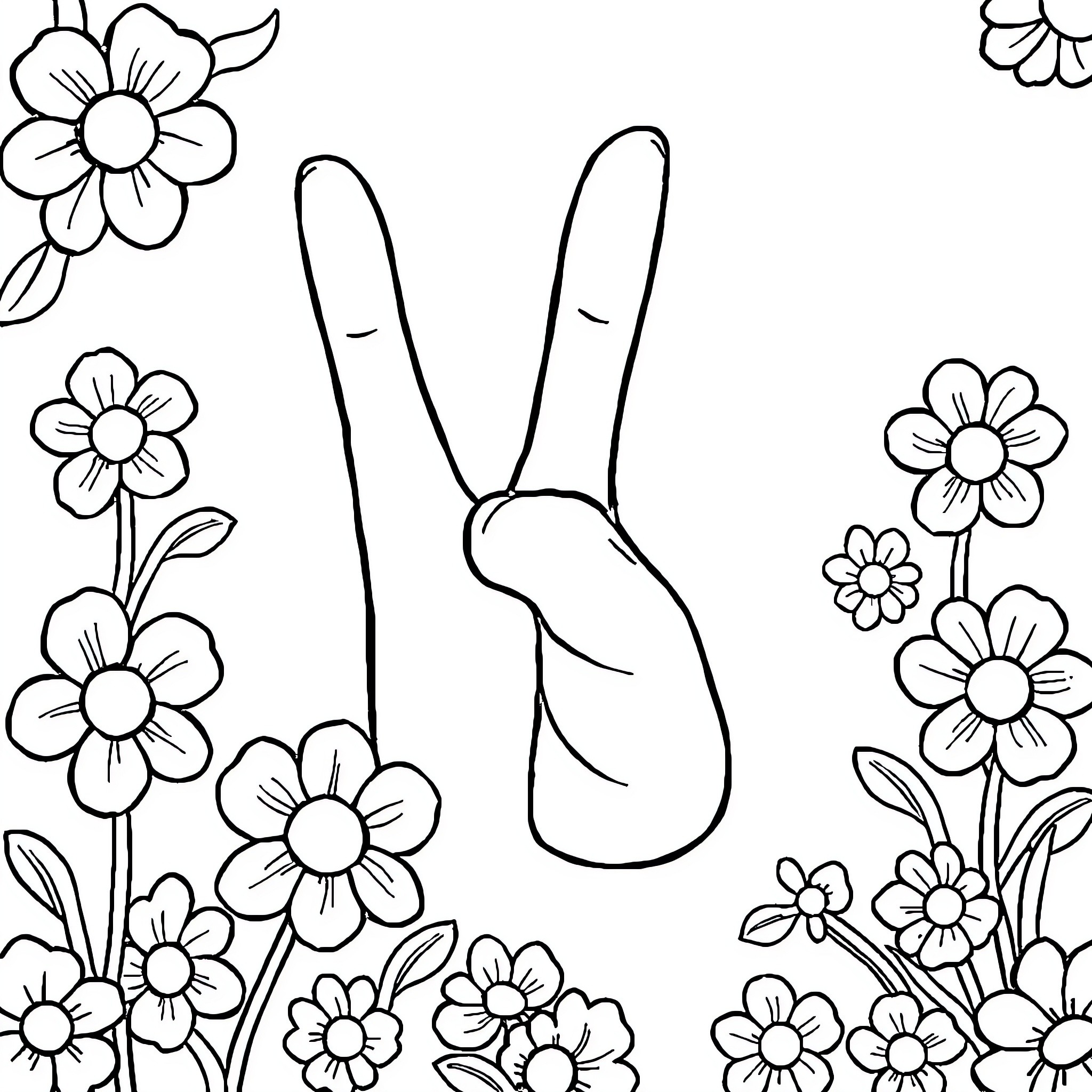 Drawing of hand sign surrounded by flowers Coloring Page (free black-and-white line drawing printable PDF for all, from beginners to advanced learners, including children, teens, adults, and seniors)