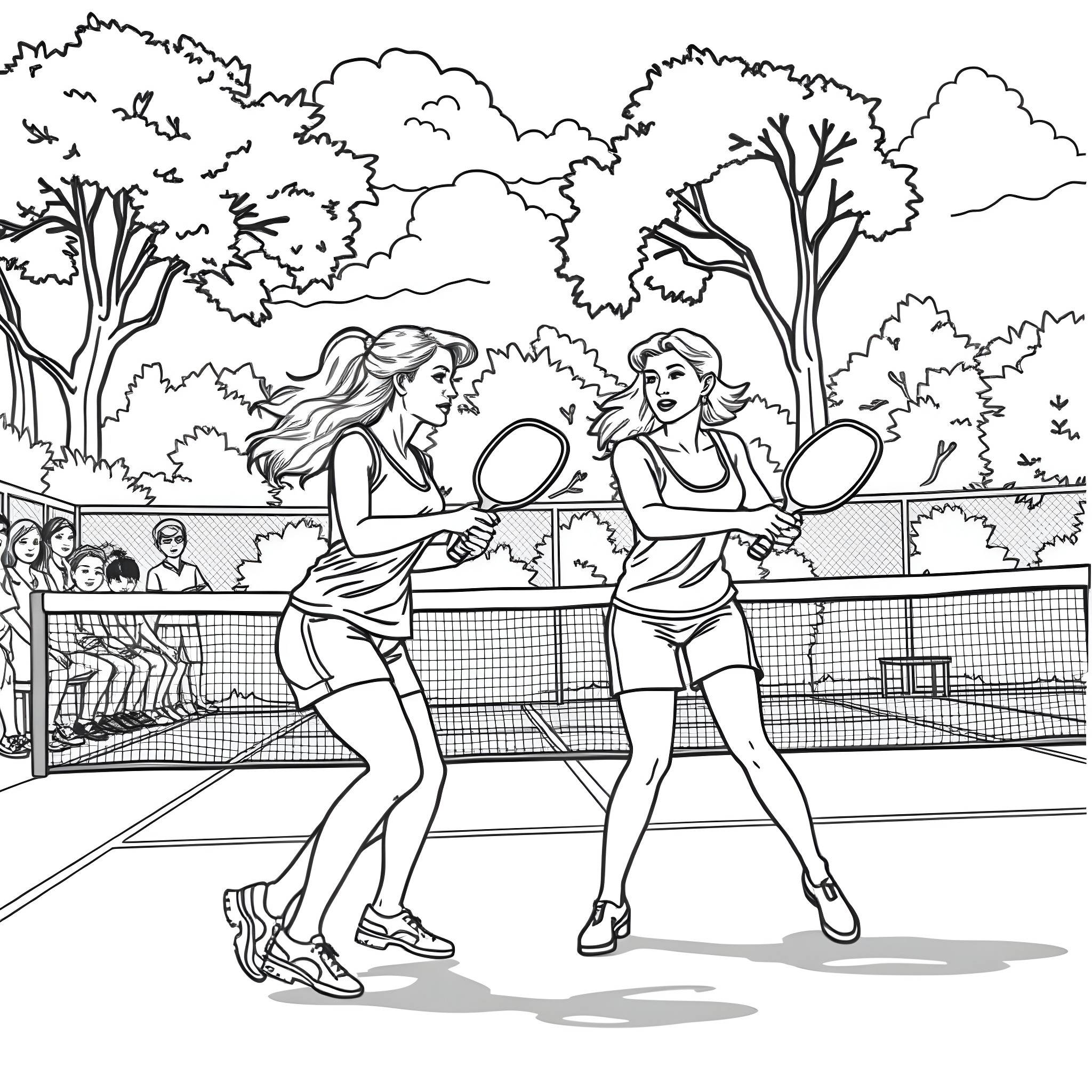 Woman playing tennis with friend on outdoor court Coloring Page (free black-and-white line drawing printable PDF for all, from beginners to advanced learners, including children, teens, adults, and seniors)