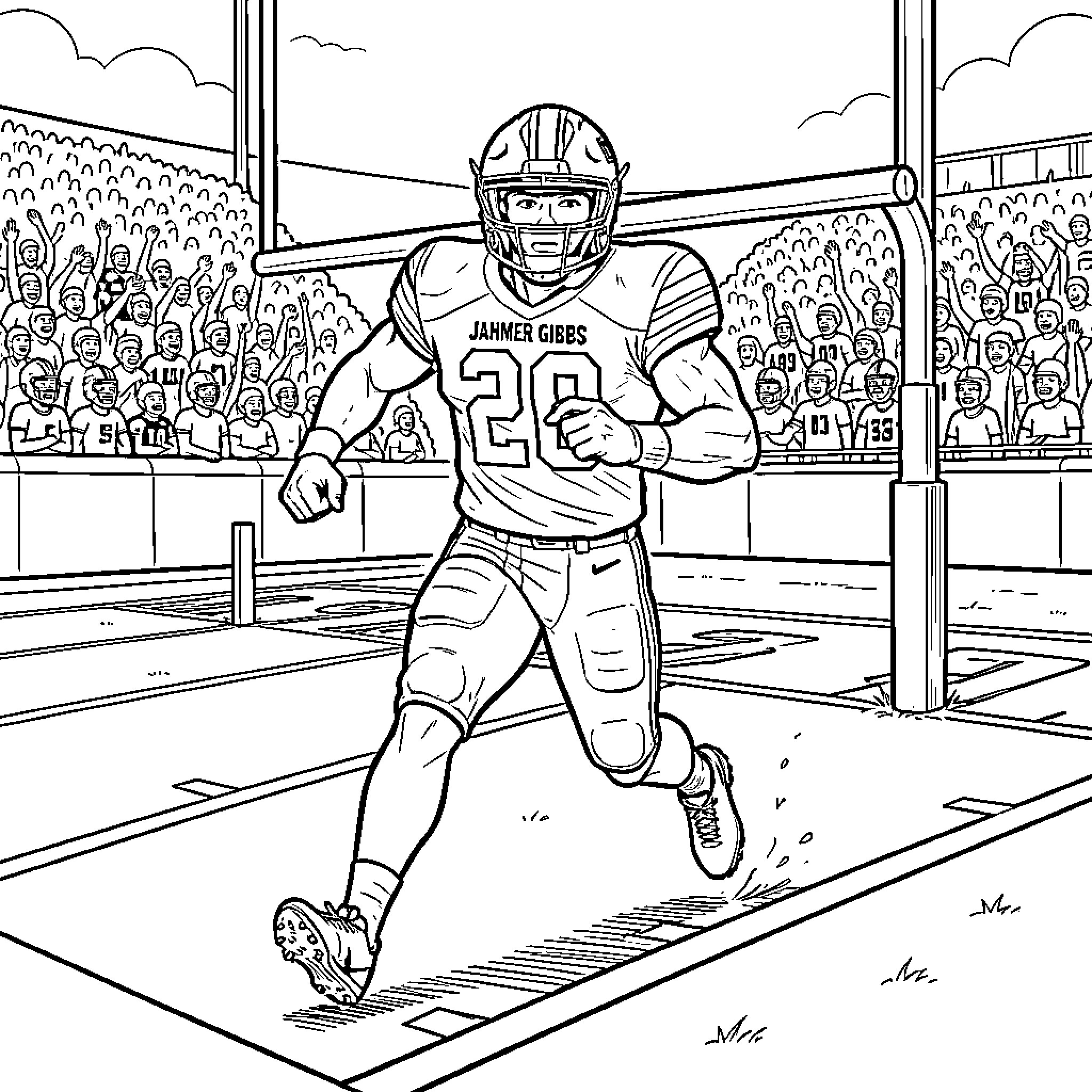 Jahmer Gibbs running through the end zone celebrating Coloring Page (free black-and-white line drawing printable PDF for all, from beginners to advanced learners, including children, teens, adults, and seniors)