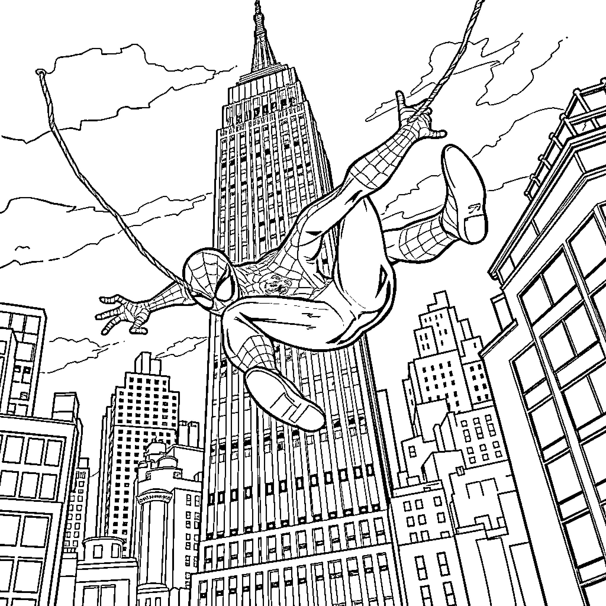 Spider-Man swinging over the city skyline Coloring Page (free black-and-white line drawing printable PDF for all, from beginners to advanced learners, including children, teens, adults, and seniors)