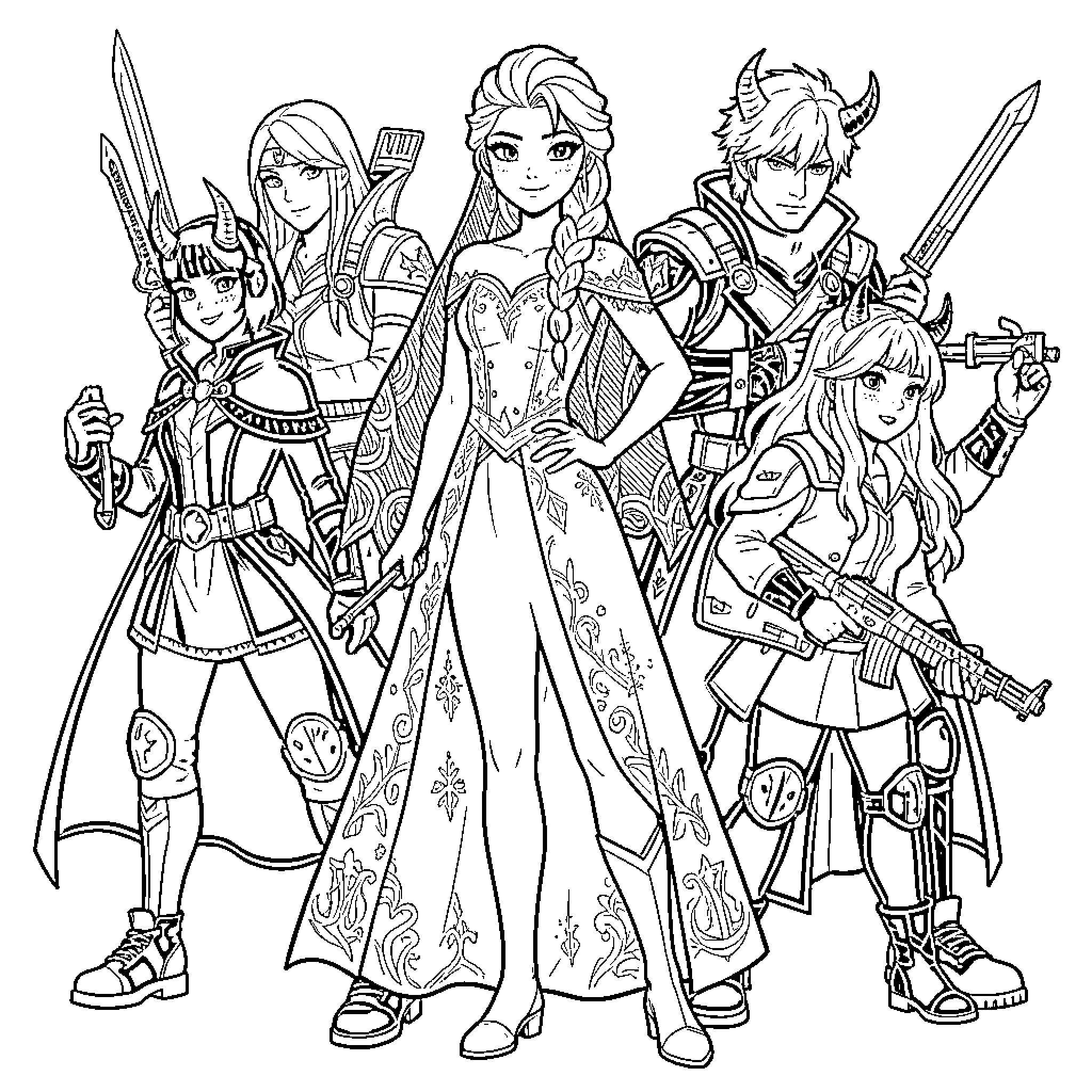 Elsa standing confidently with a group of warriors Coloring Page (free black-and-white line drawing printable PDF for all, from beginners to advanced learners, including children, teens, adults, and seniors)