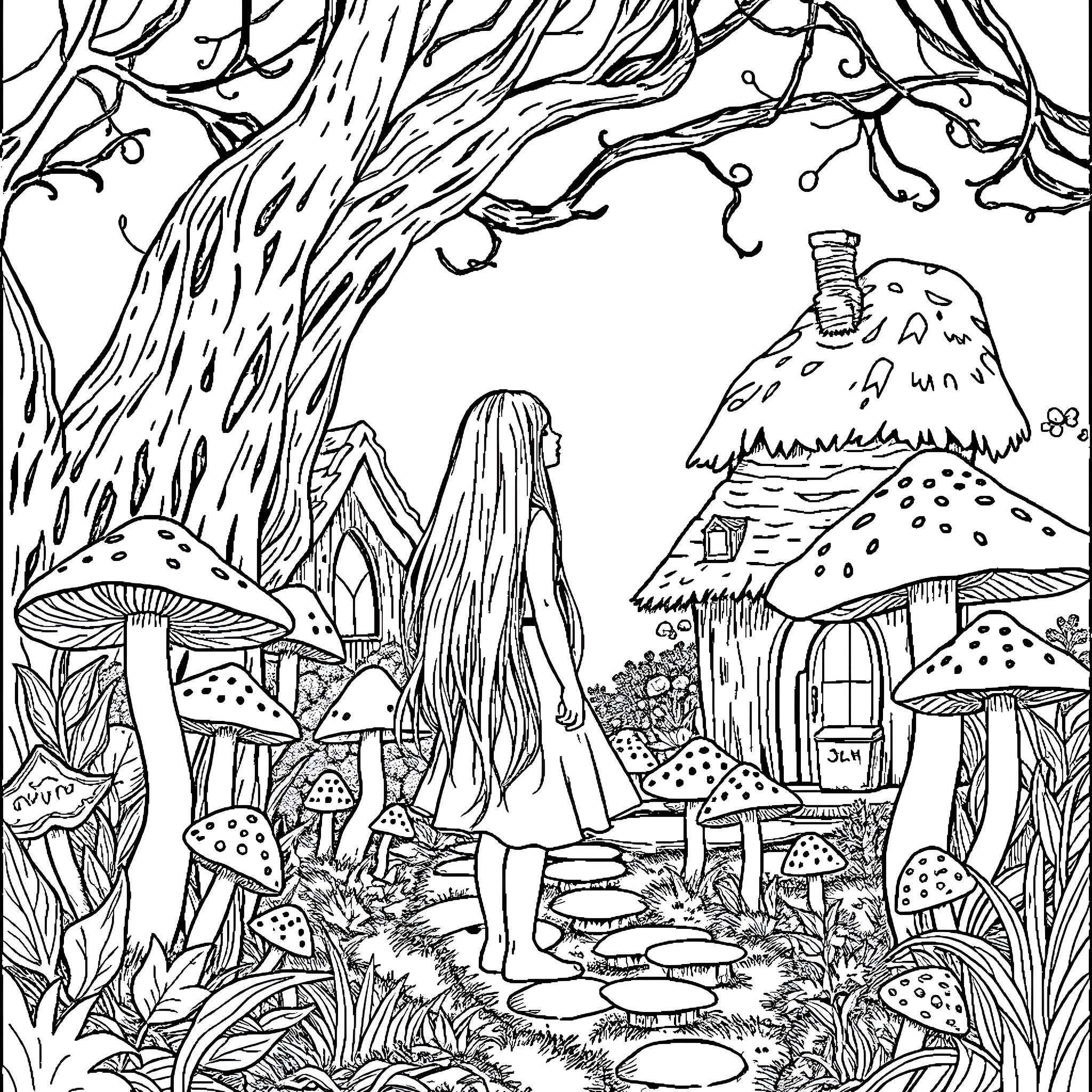 Girl exploring magical forest with mushroom houses Coloring Page (free black-and-white line drawing printable PDF for all, from beginners to advanced learners, including children, teens, adults, and seniors)