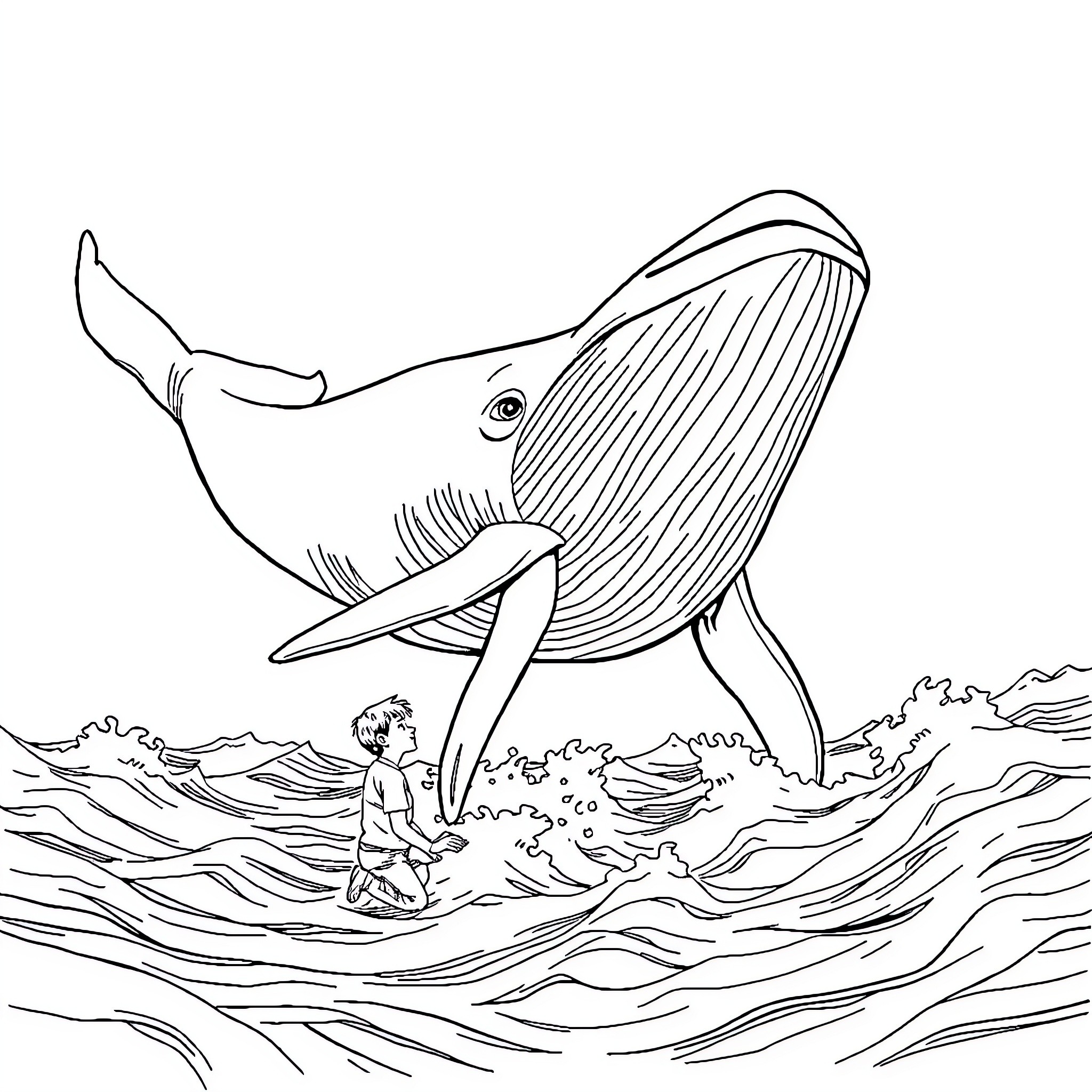 Jonah and the Whale: A Dramatic Encounter Coloring Page (free black-and-white line drawing printable PDF for all, from beginners to advanced learners, including children, teens, adults, and seniors)