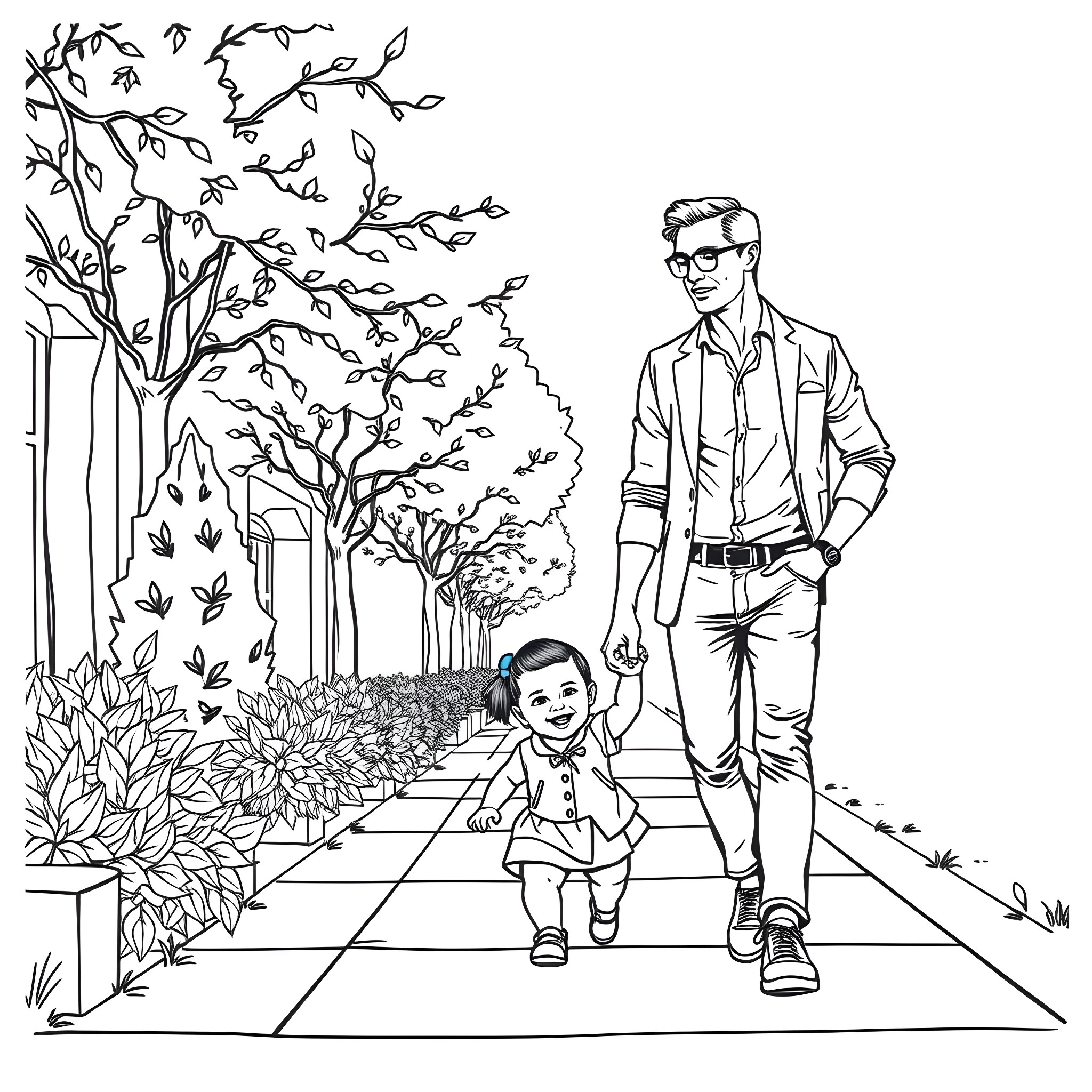 Man and child walking down a garden path Coloring Page (free black-and-white line drawing printable PDF for all, from beginners to advanced learners, including children, teens, adults, and seniors)
