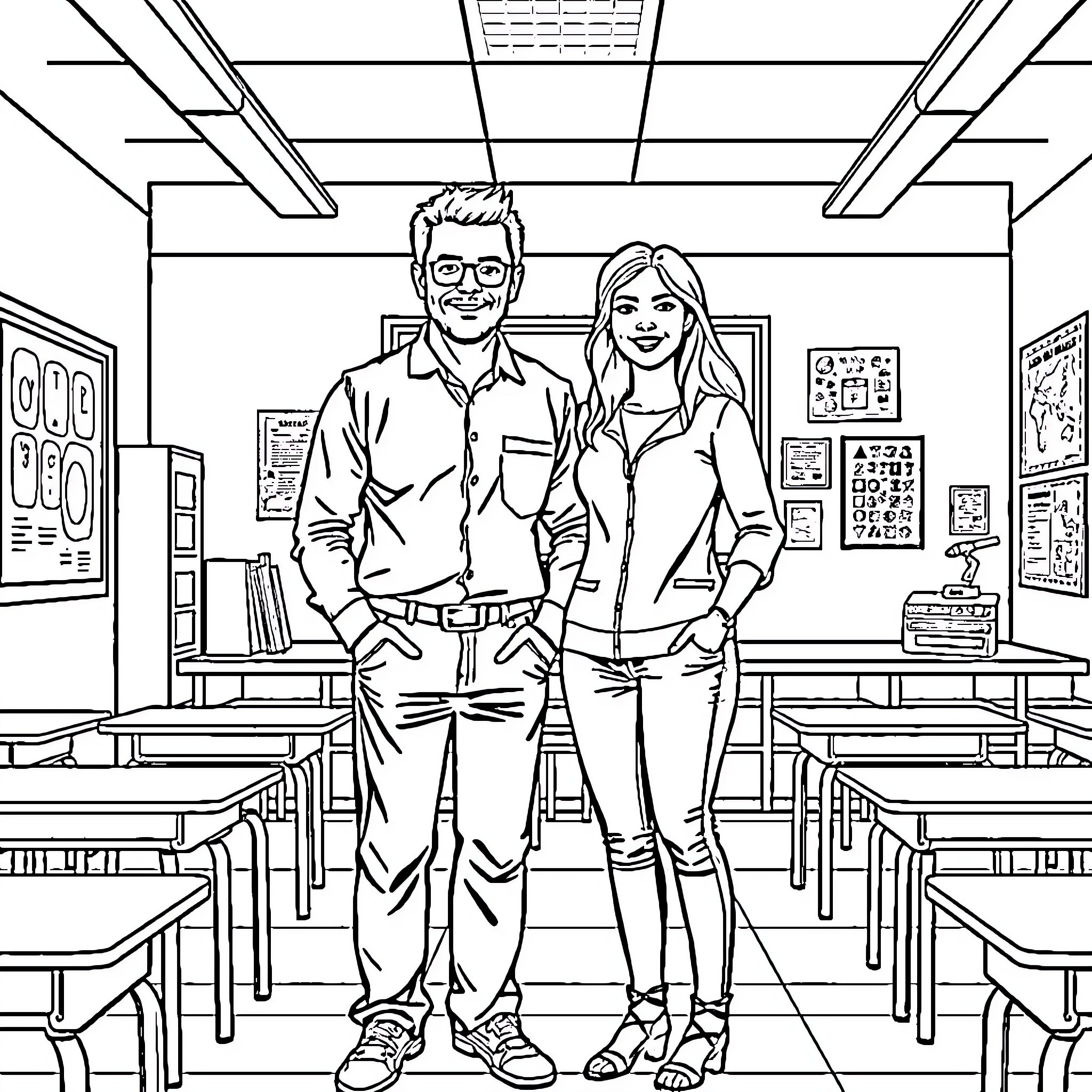 Teacher and student standing in classroom Coloring Page (free black-and-white line drawing printable PDF for all, from beginners to advanced learners, including children, teens, adults, and seniors)