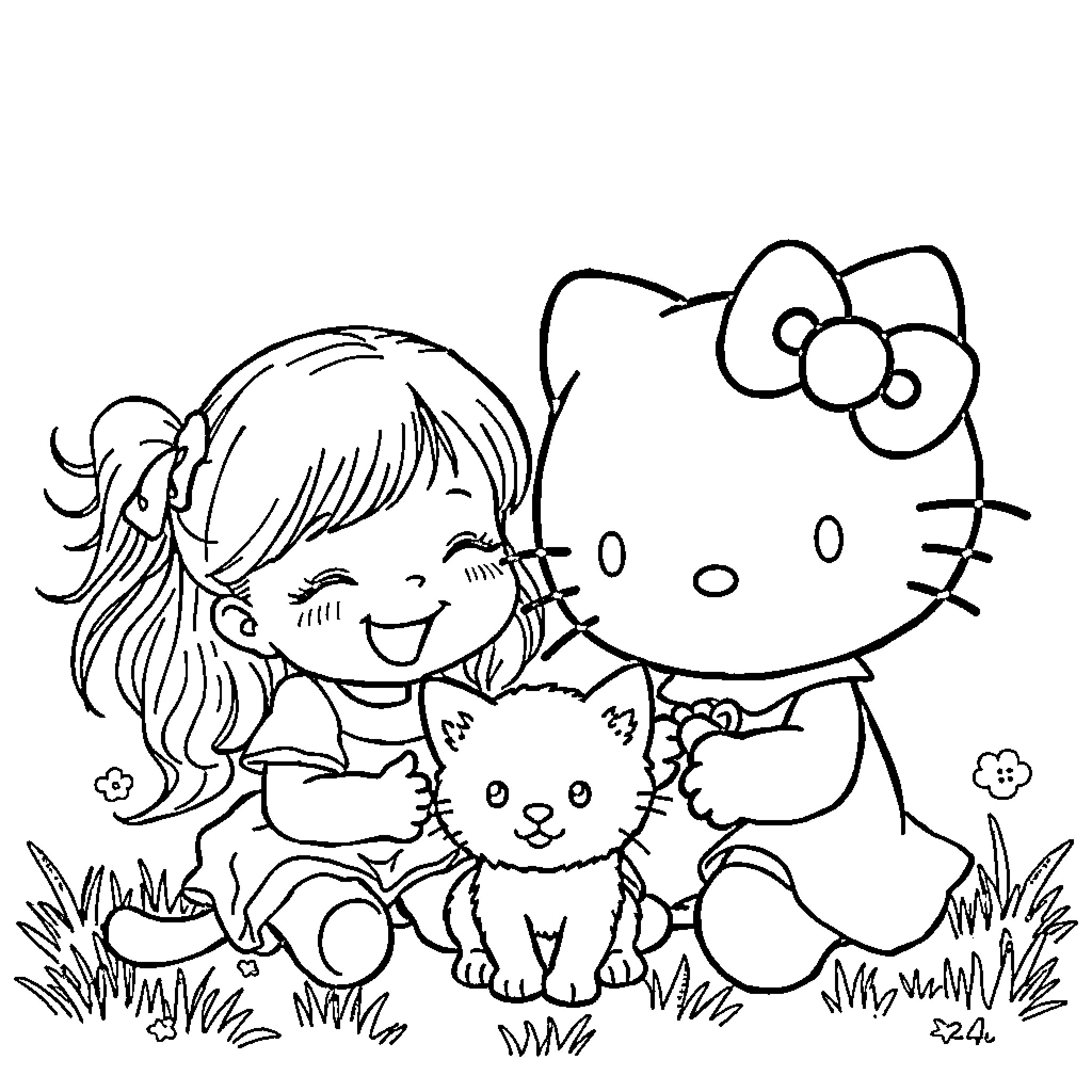 Hello Kitty playing with a girl and her pet Coloring Page (free black-and-white line drawing printable PDF for all, from beginners to advanced learners, including children, teens, adults, and seniors)