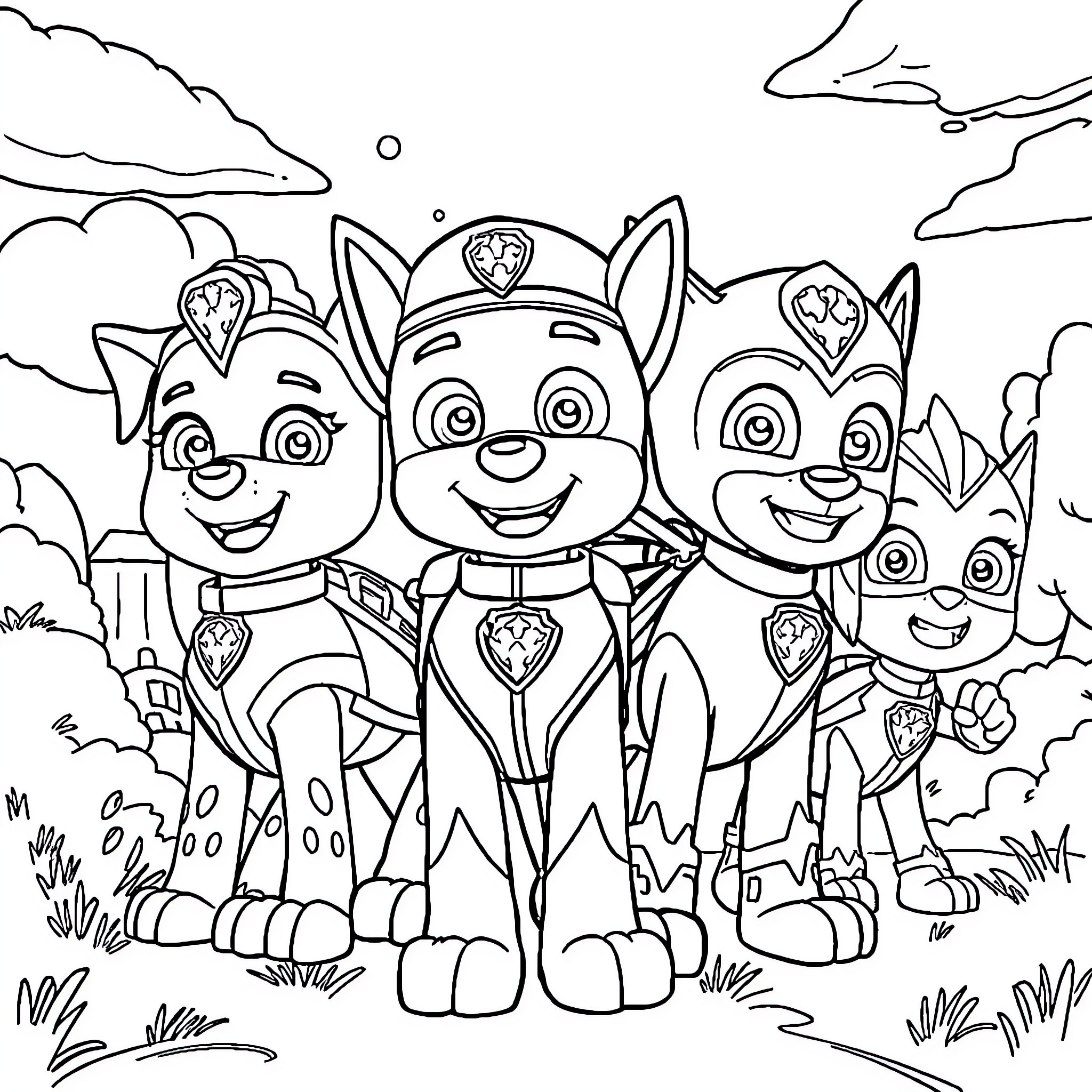 Paw Patrol Pups on Outdoor Adventure Coloring Page (free black-and-white line drawing printable PDF for all, from beginners to advanced learners, including children, teens, adults, and seniors)