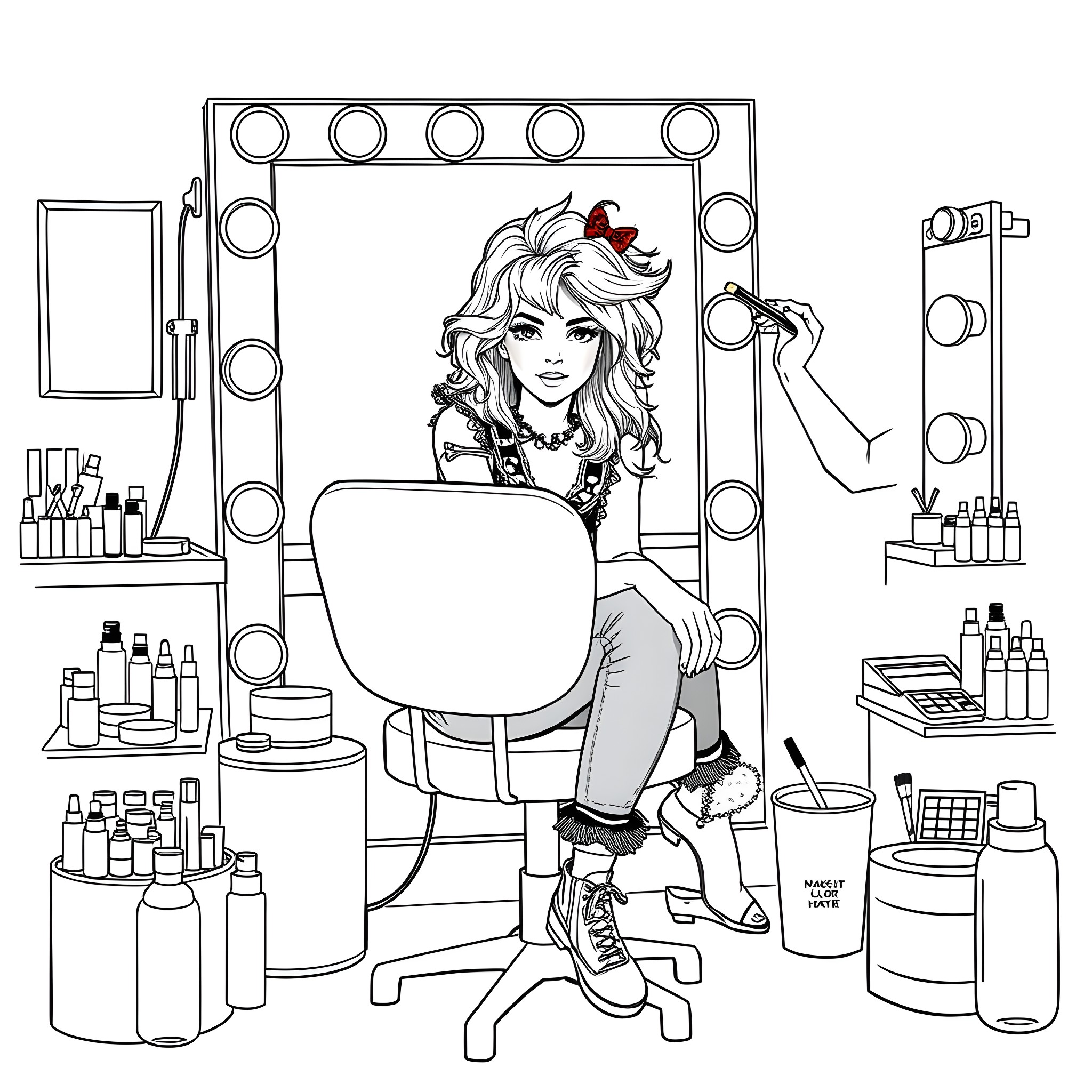 Teenage Girl Preparing for Makeup in Front of Vanity Mirror Coloring Page (free black-and-white line drawing printable PDF for all, from beginners to advanced learners, including children, teens, adults, and seniors)